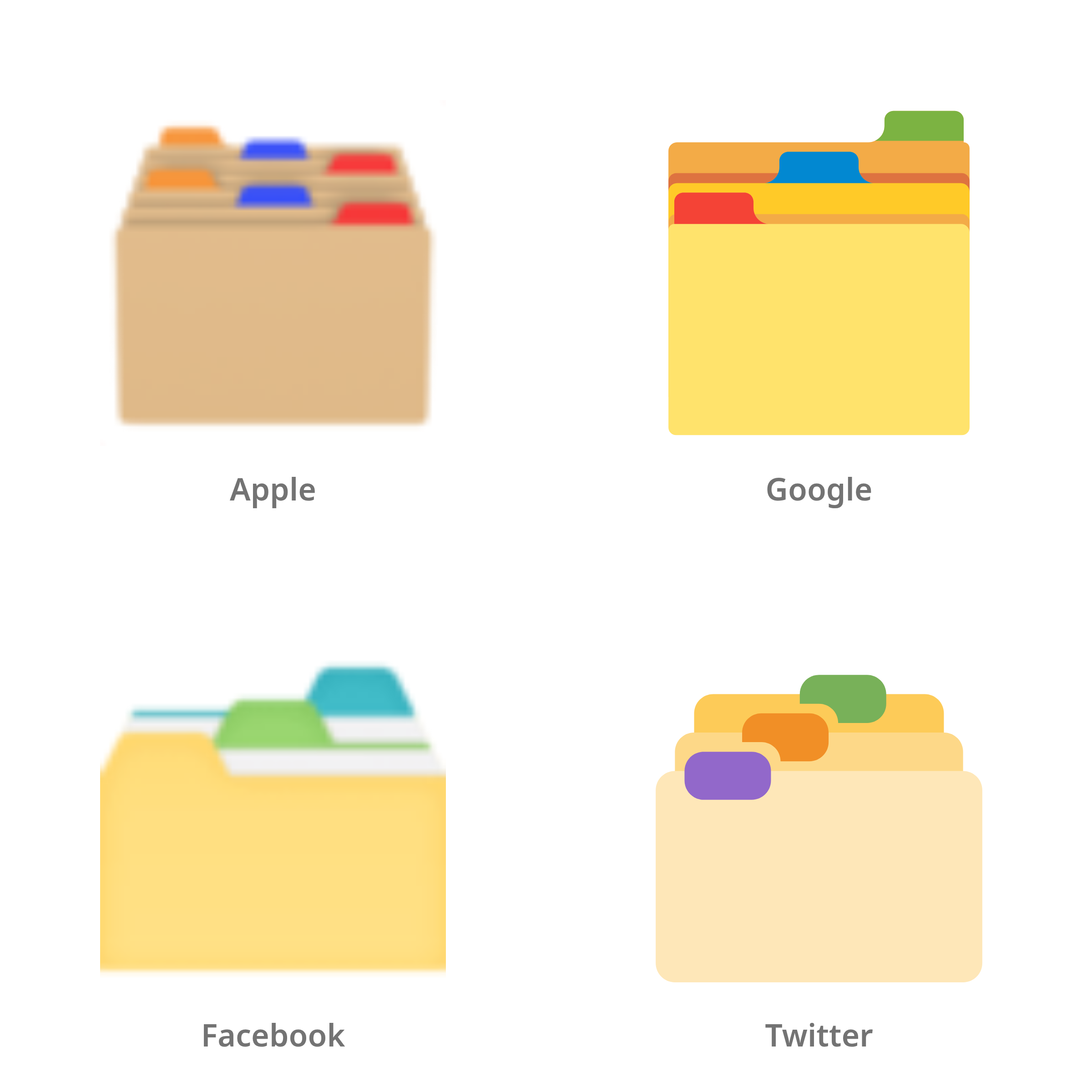 De emoji tabbladen in Apple-, Google-, Facebook- en Twitter-stijl