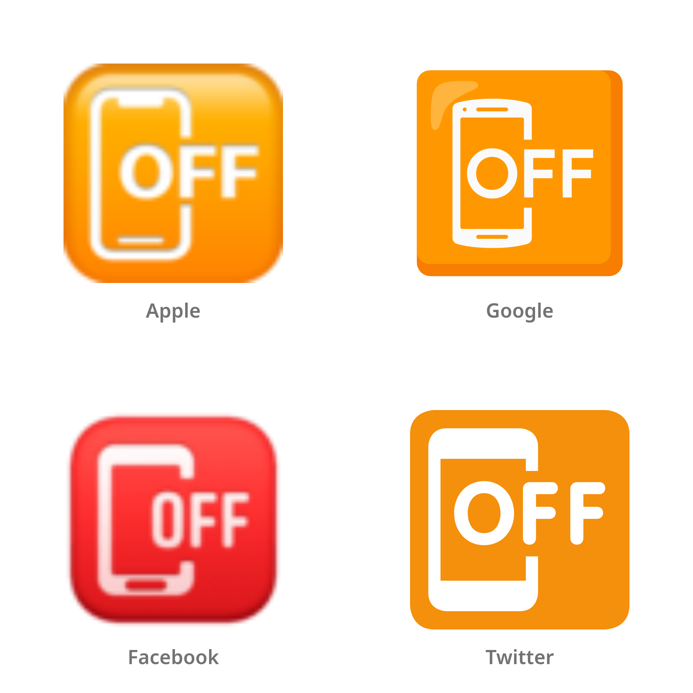 De emoji telefoon uit in Apple-, Google-, Facebook- en Twitter-stijl