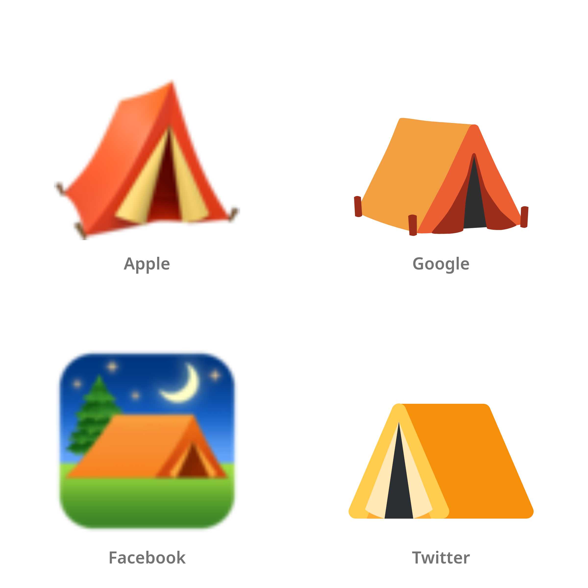 De emoji tent in Apple-, Google-, Facebook- en Twitter-stijl