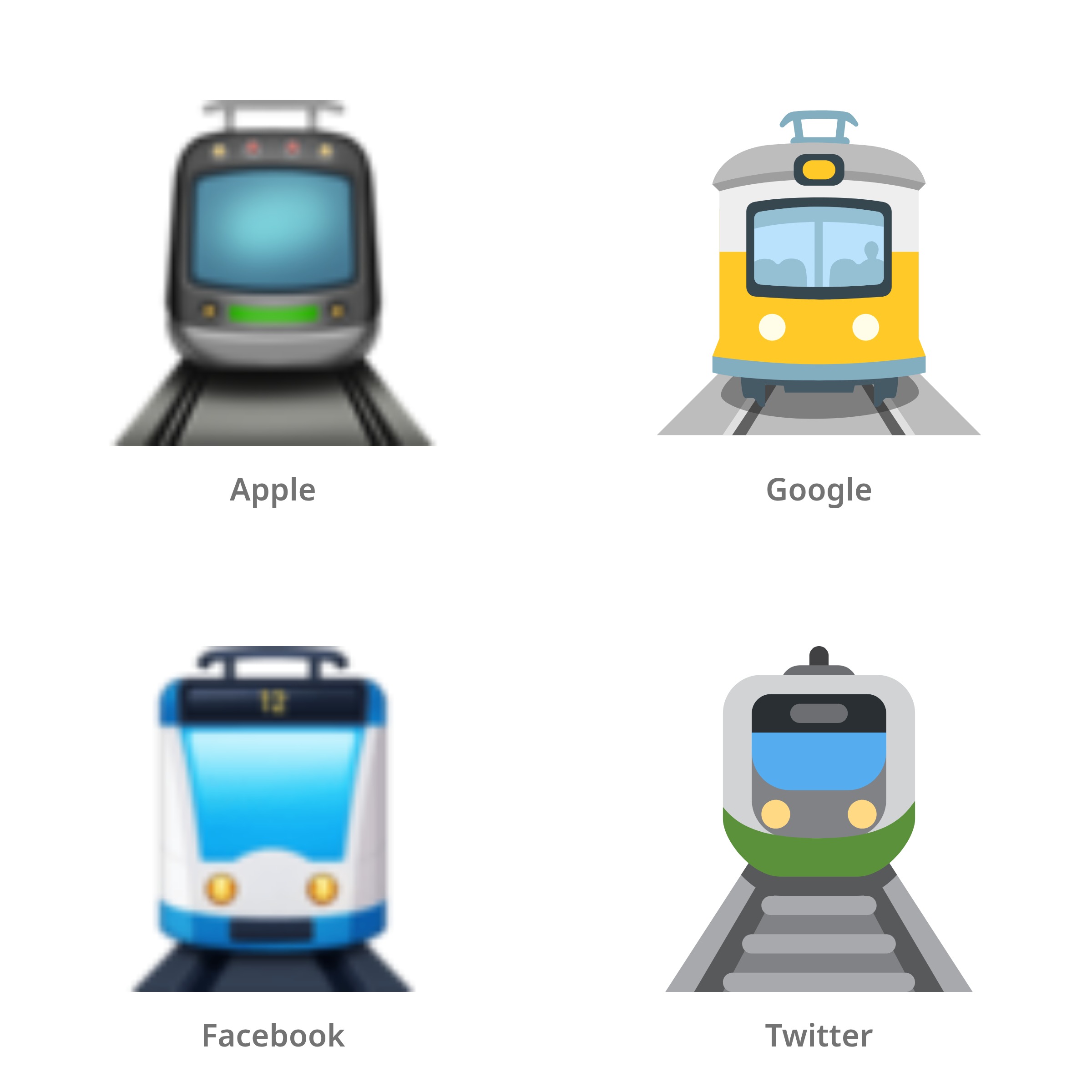 De emoji tram in Apple-, Google-, Facebook- en Twitter-stijl