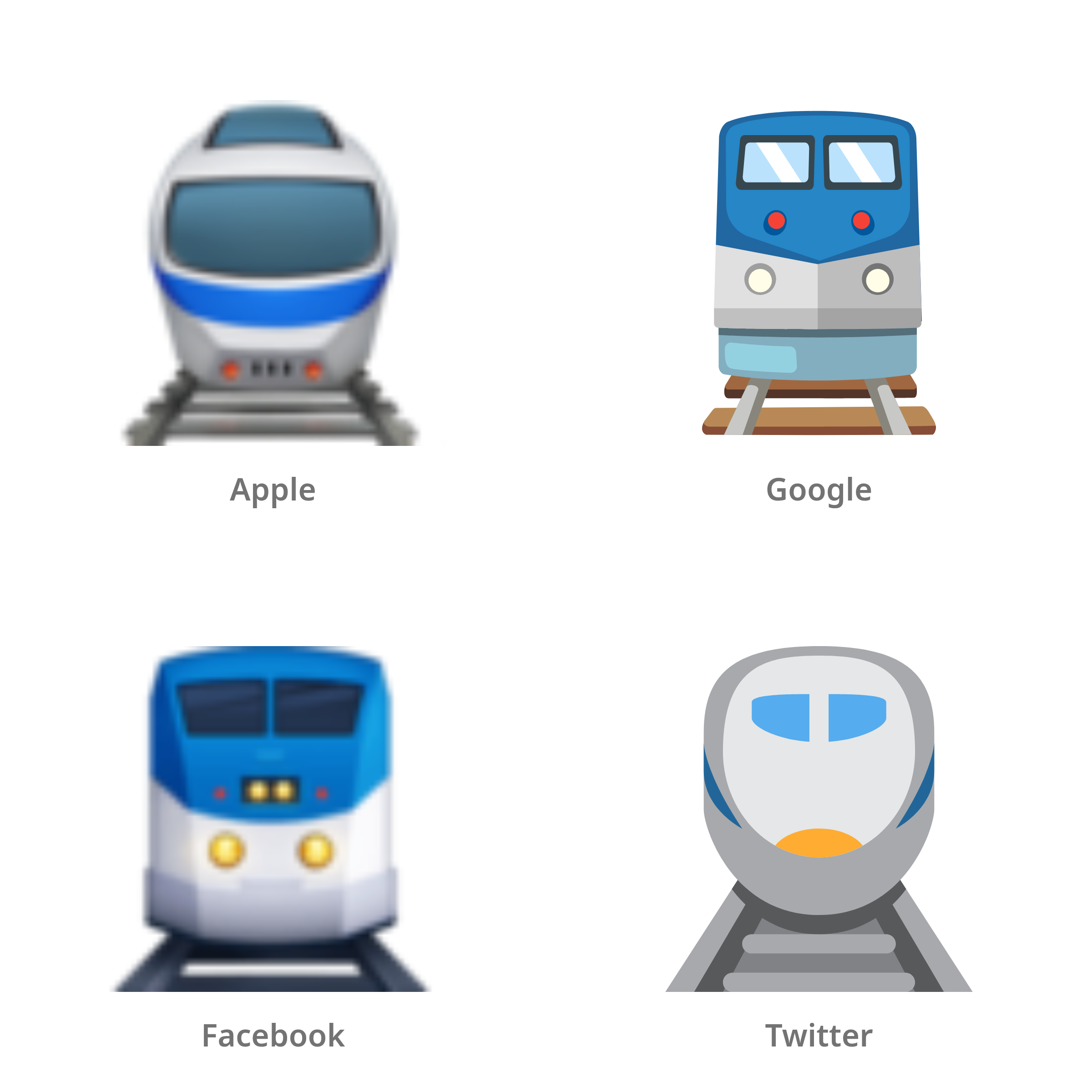 De emoji trein in Apple-, Google-, Facebook- en Twitter-stijl