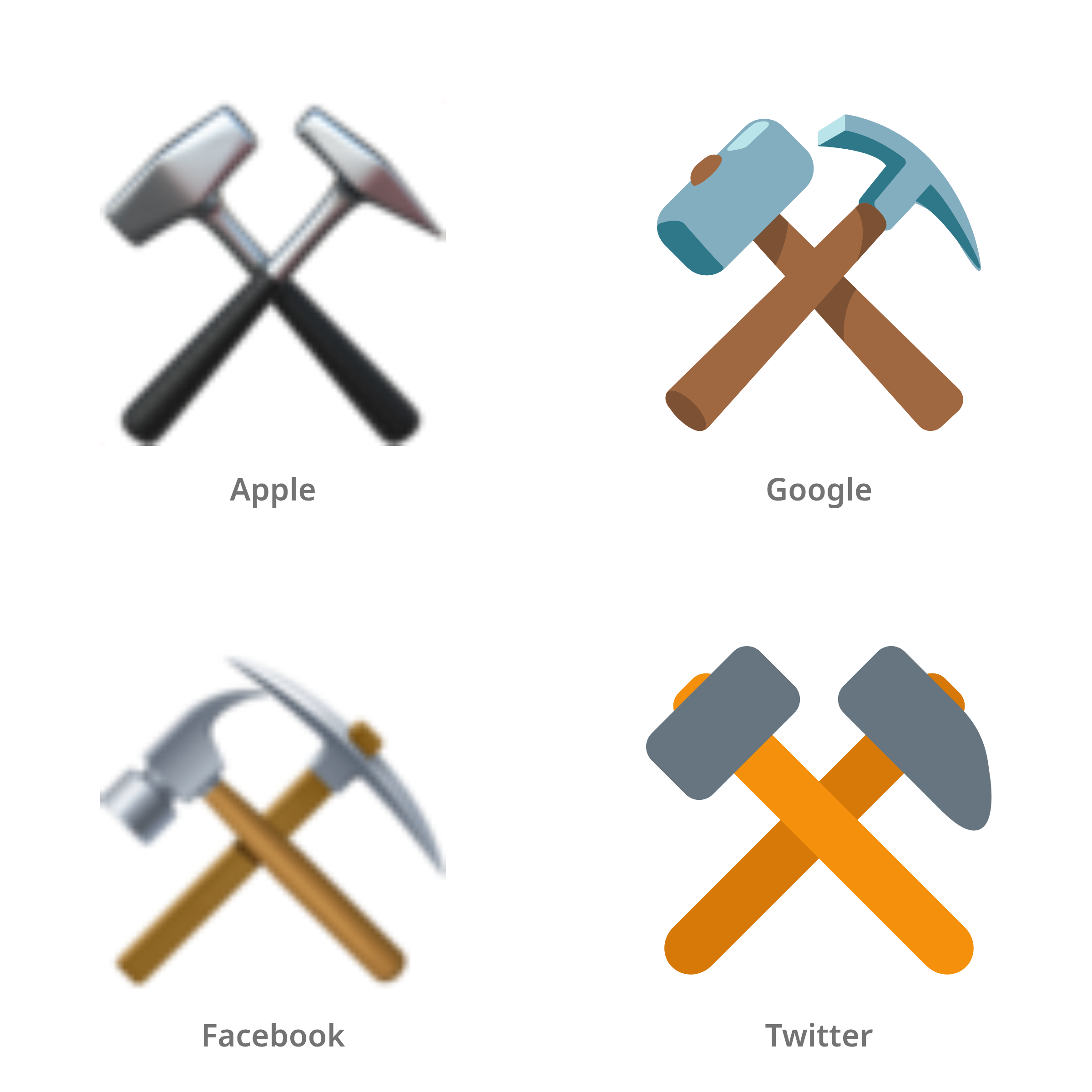De emoji twee hamers in Apple-, Google-, Facebook- en Twitter-stijl