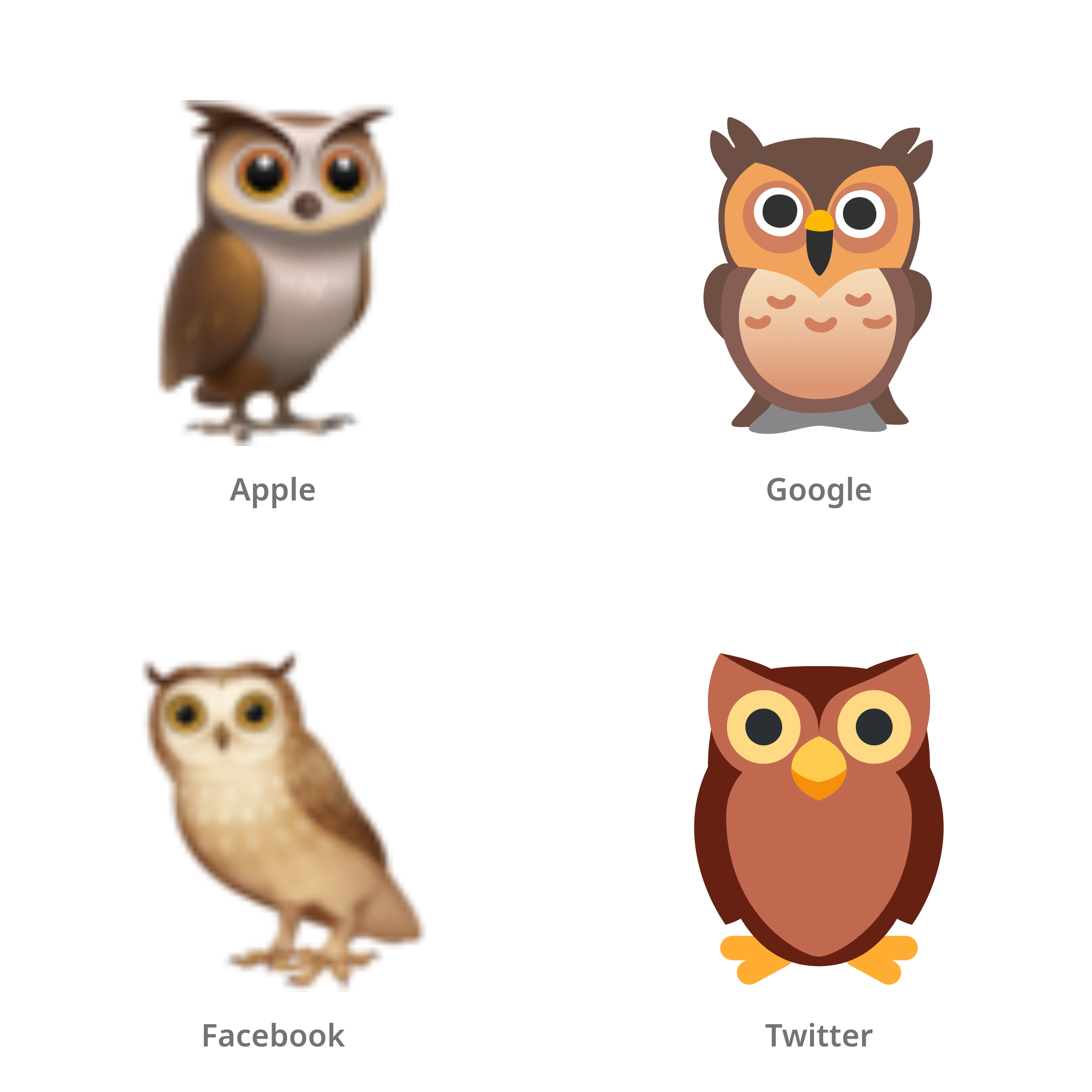De emoji uil in Apple-, Google-, Facebook- en Twitter-stijl