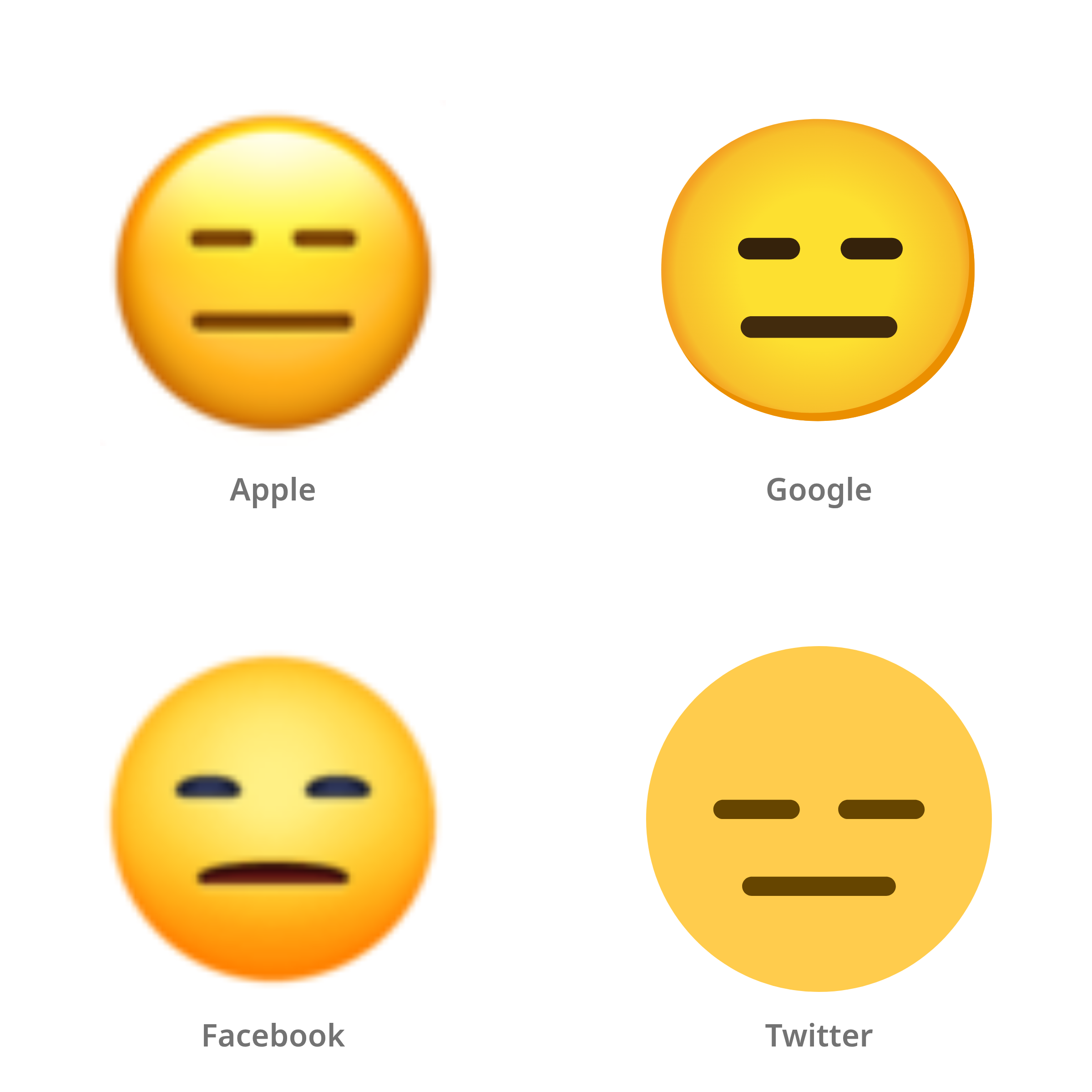 De emoji uitdrukkingsloos gezicht in Apple-, Google-, Facebook- en Twitter-stijl