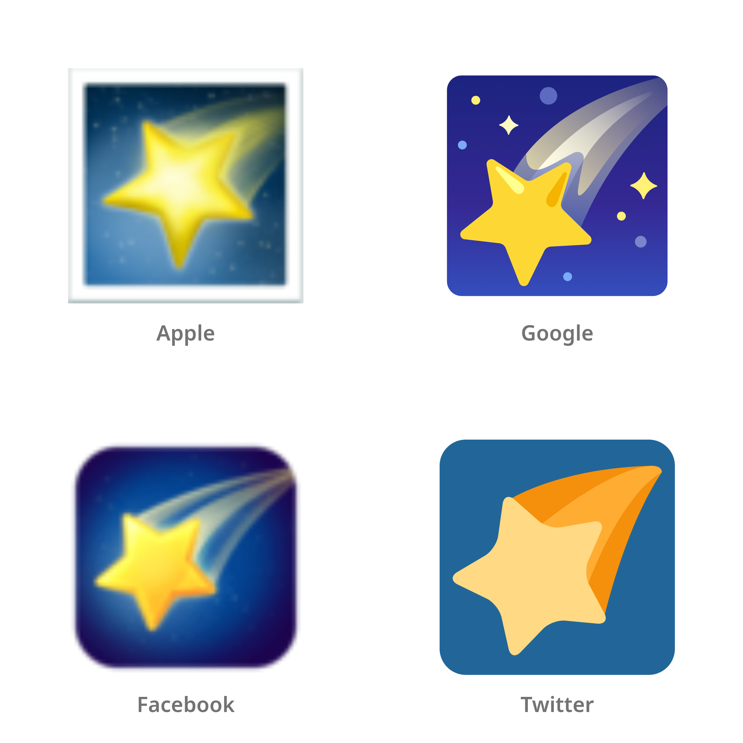 De emoji vallende ster in Apple-, Google-, Facebook- en Twitter-stijl