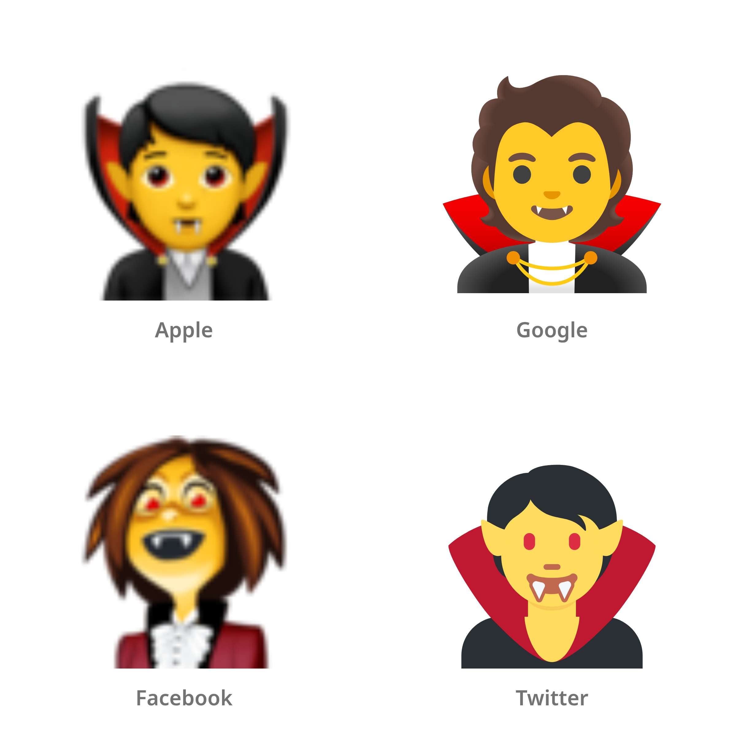 De emoji vampier in Apple-, Google-, Facebook- en Twitter-stijl