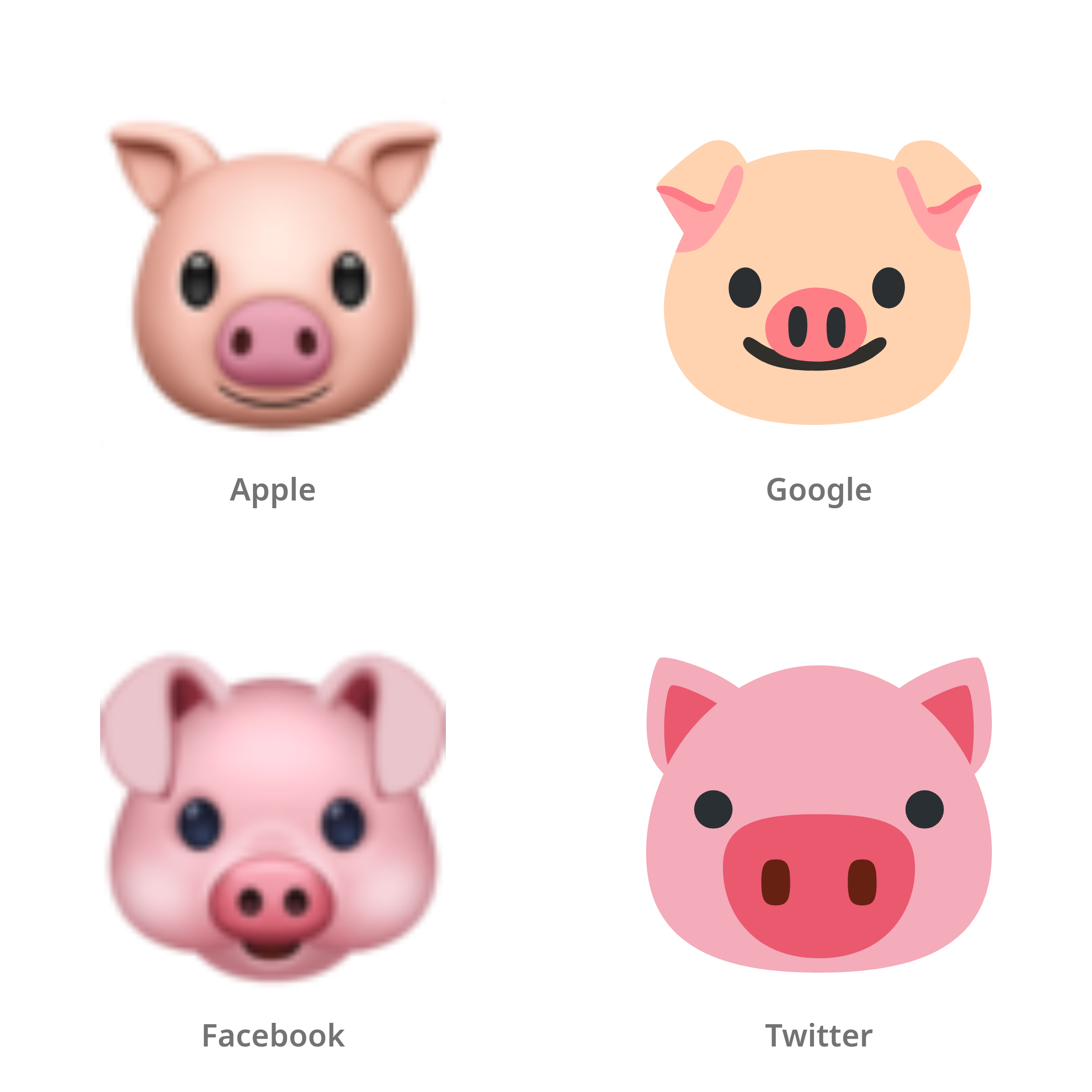 De emoji varkensgezicht in Apple-, Google-, Facebook- en Twitter-stijl