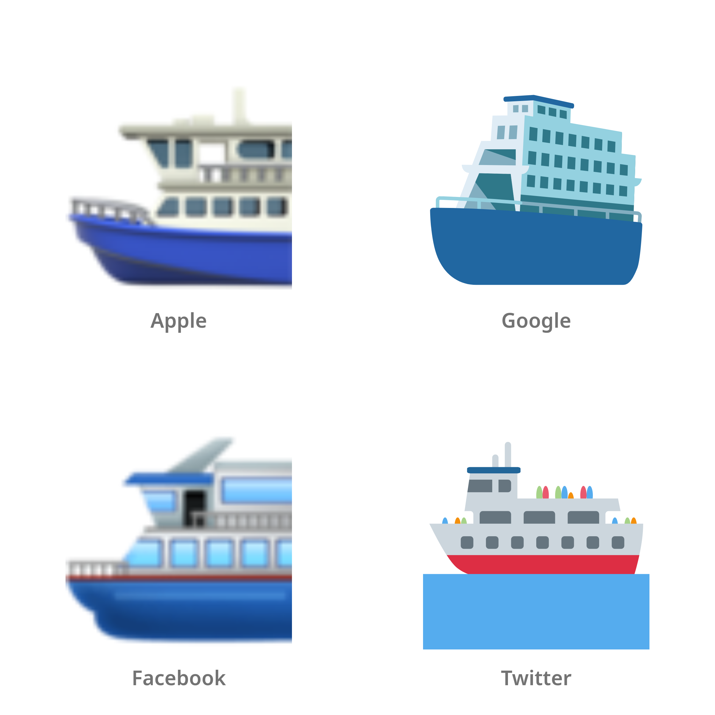 De emoji veerboot in Apple-, Google-, Facebook- en Twitter-stijl