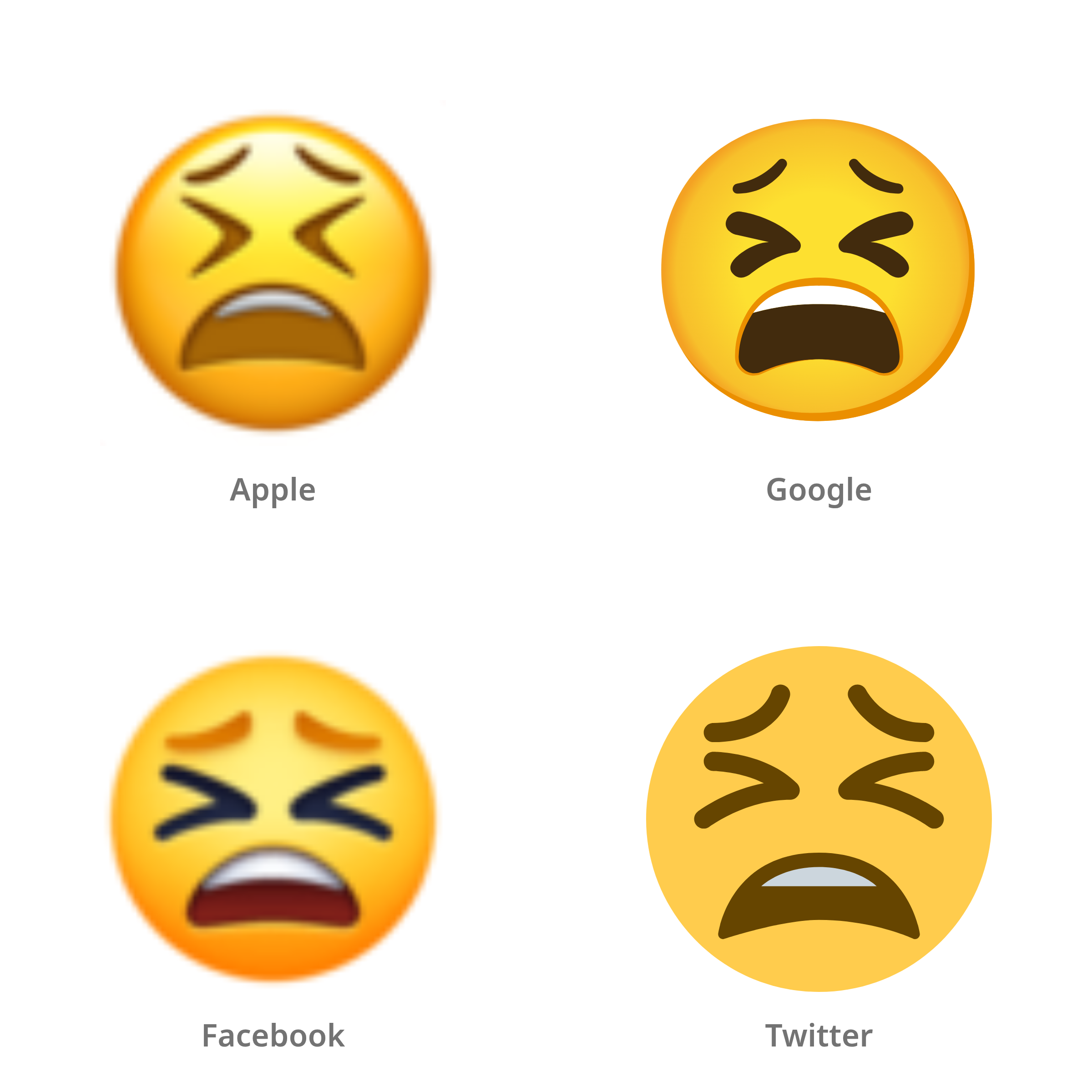 De emoji vermoeid gezicht in Apple-, Google-, Facebook- en Twitter-stijl