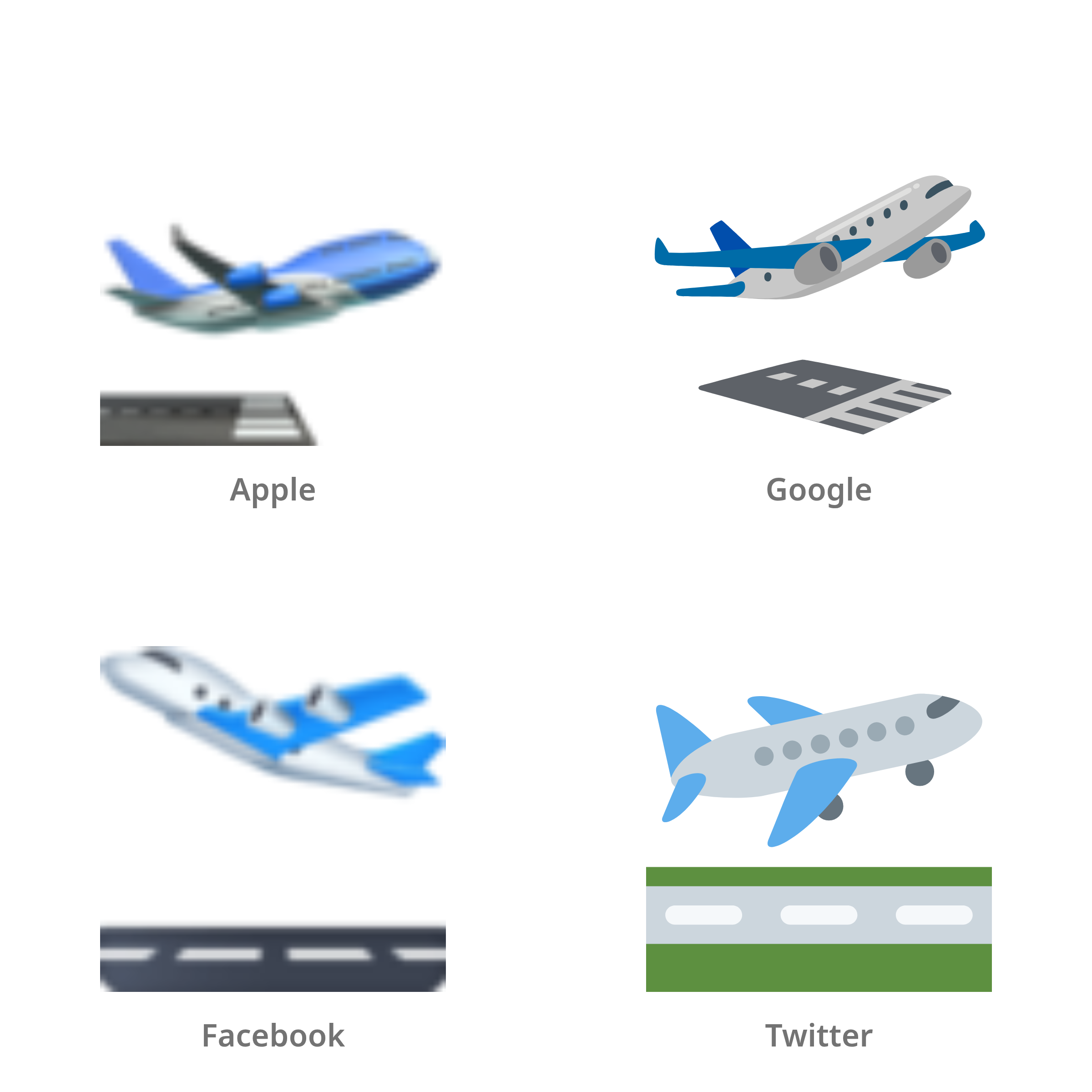 De emoji vertrek van vliegtuig in Apple-, Google-, Facebook- en Twitter-stijl