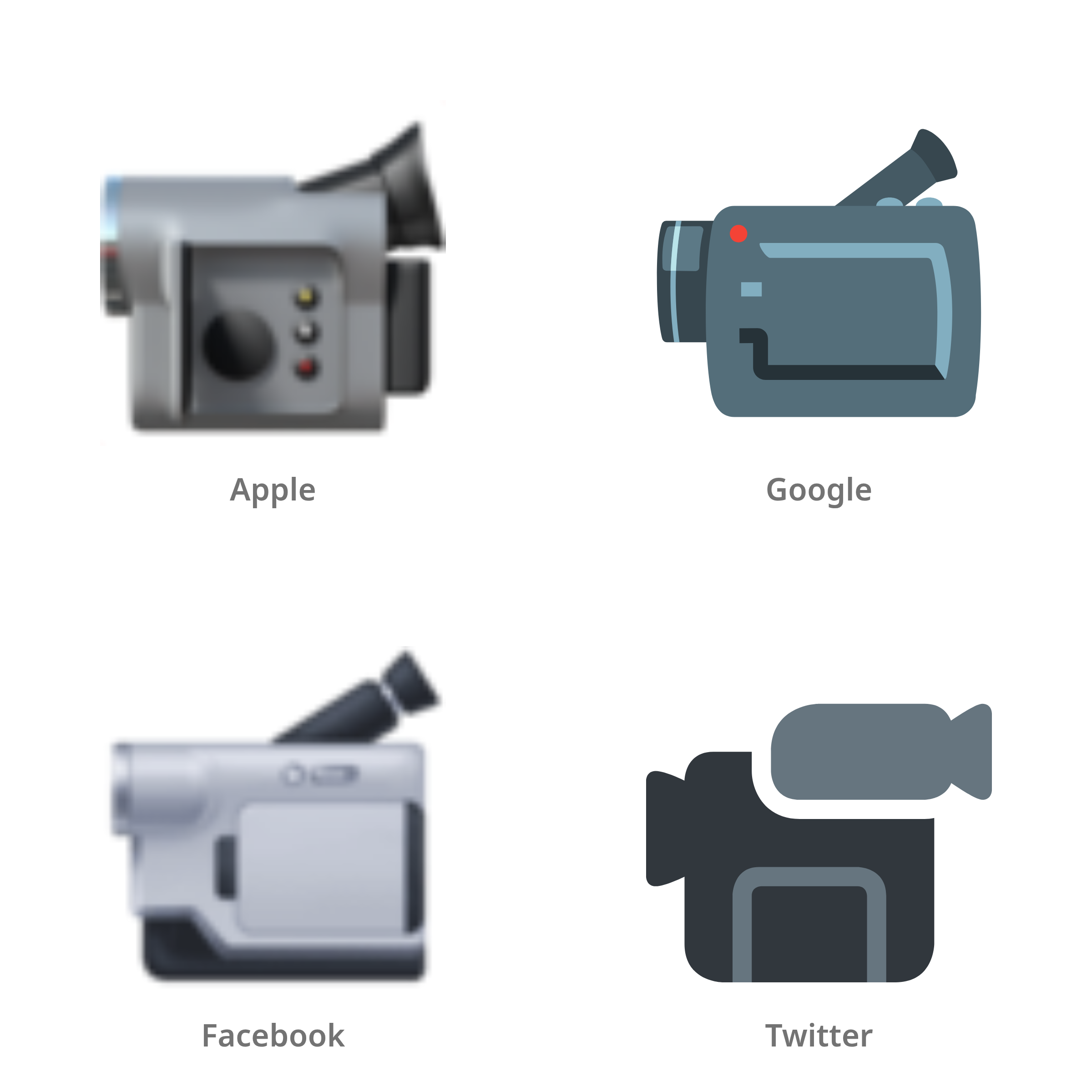 De emoji videocamera in Apple-, Google-, Facebook- en Twitter-stijl