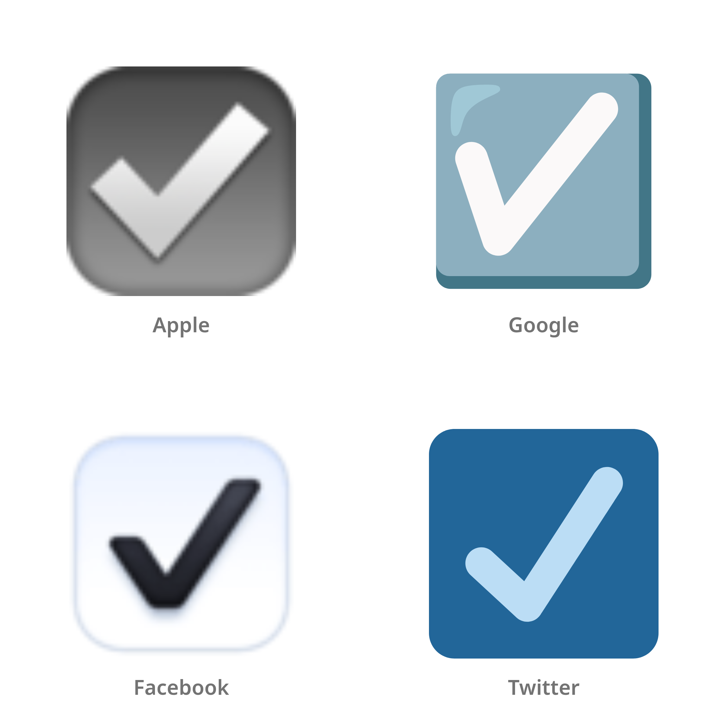 De emoji vinkje in vak in Apple-, Google-, Facebook- en Twitter-stijl