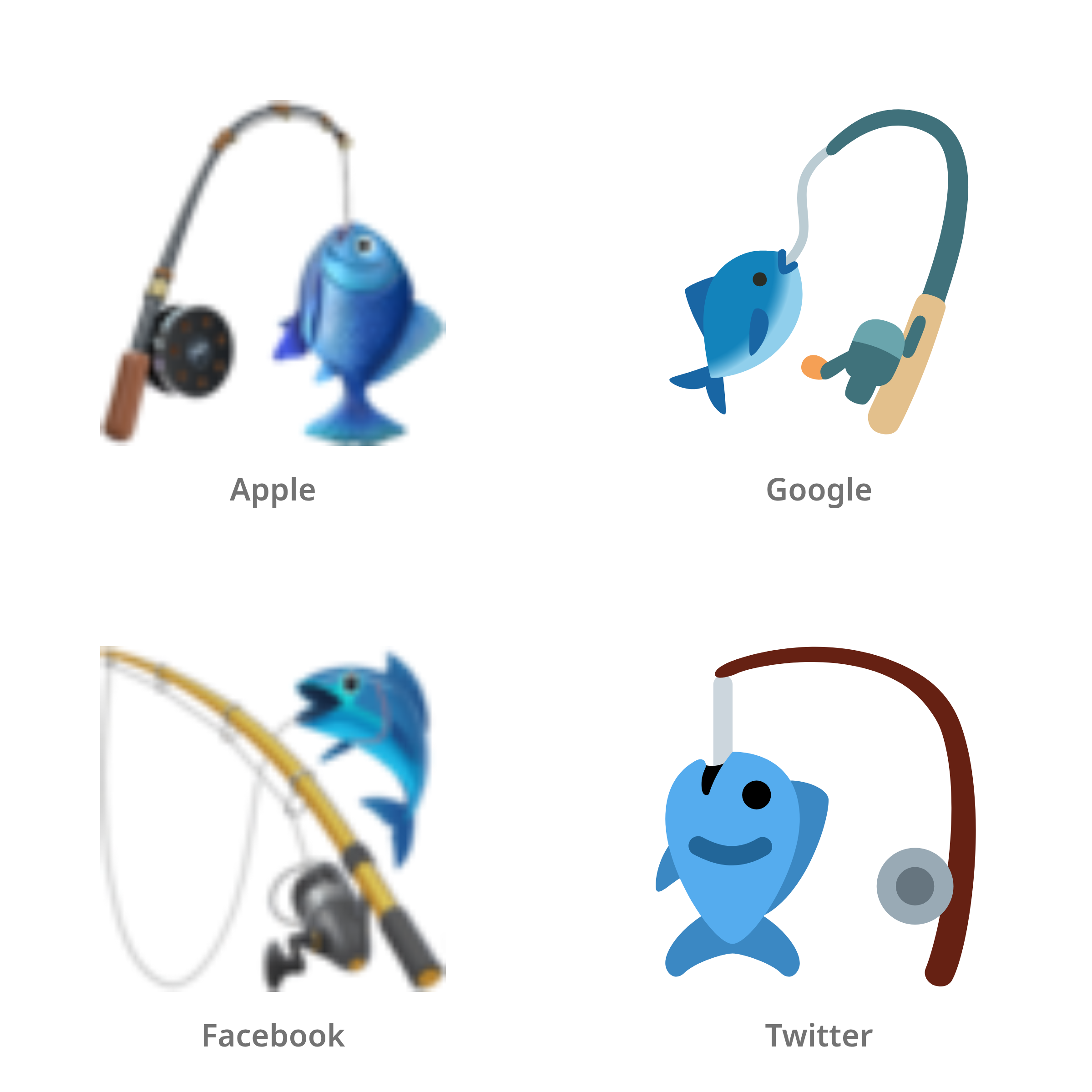 De emoji vishengel in Apple-, Google-, Facebook- en Twitter-stijl