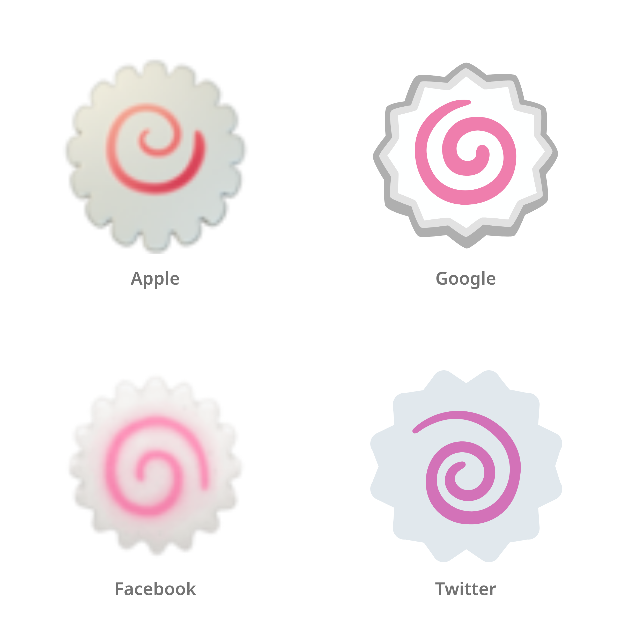 De emoji viskoekje met krul in Apple-, Google-, Facebook- en Twitter-stijl