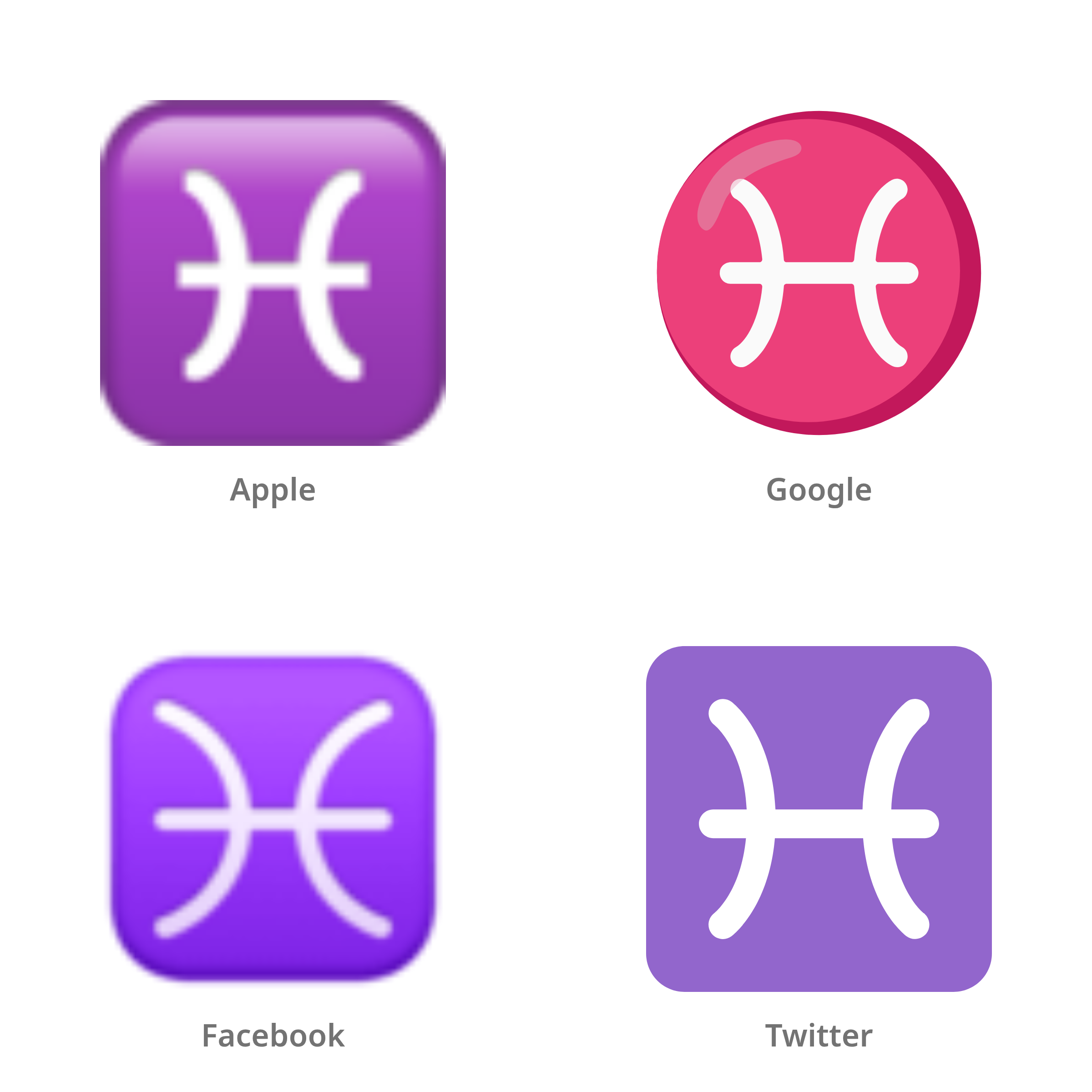 De emoji vissen (sterrenbeeld) in Apple-, Google-, Facebook- en Twitter-stijl