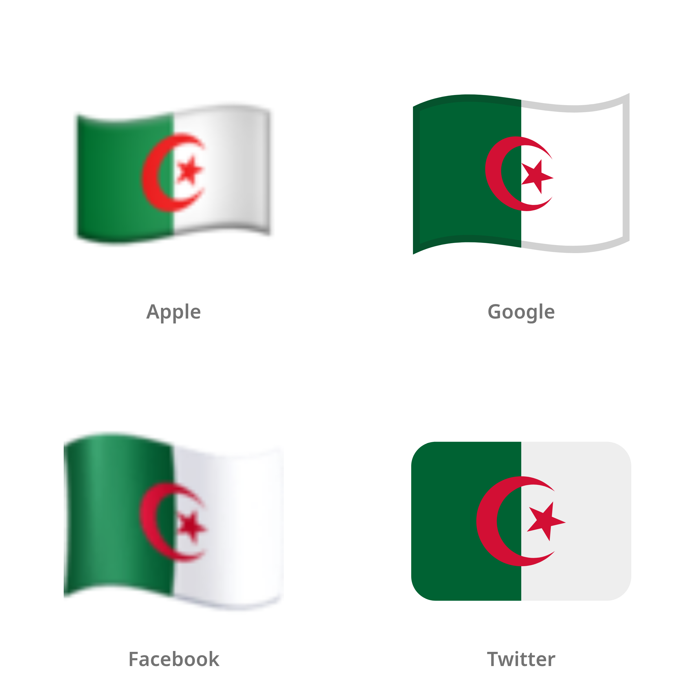De emoji vlag: Algerije in Apple-, Google-, Facebook- en Twitter-stijl