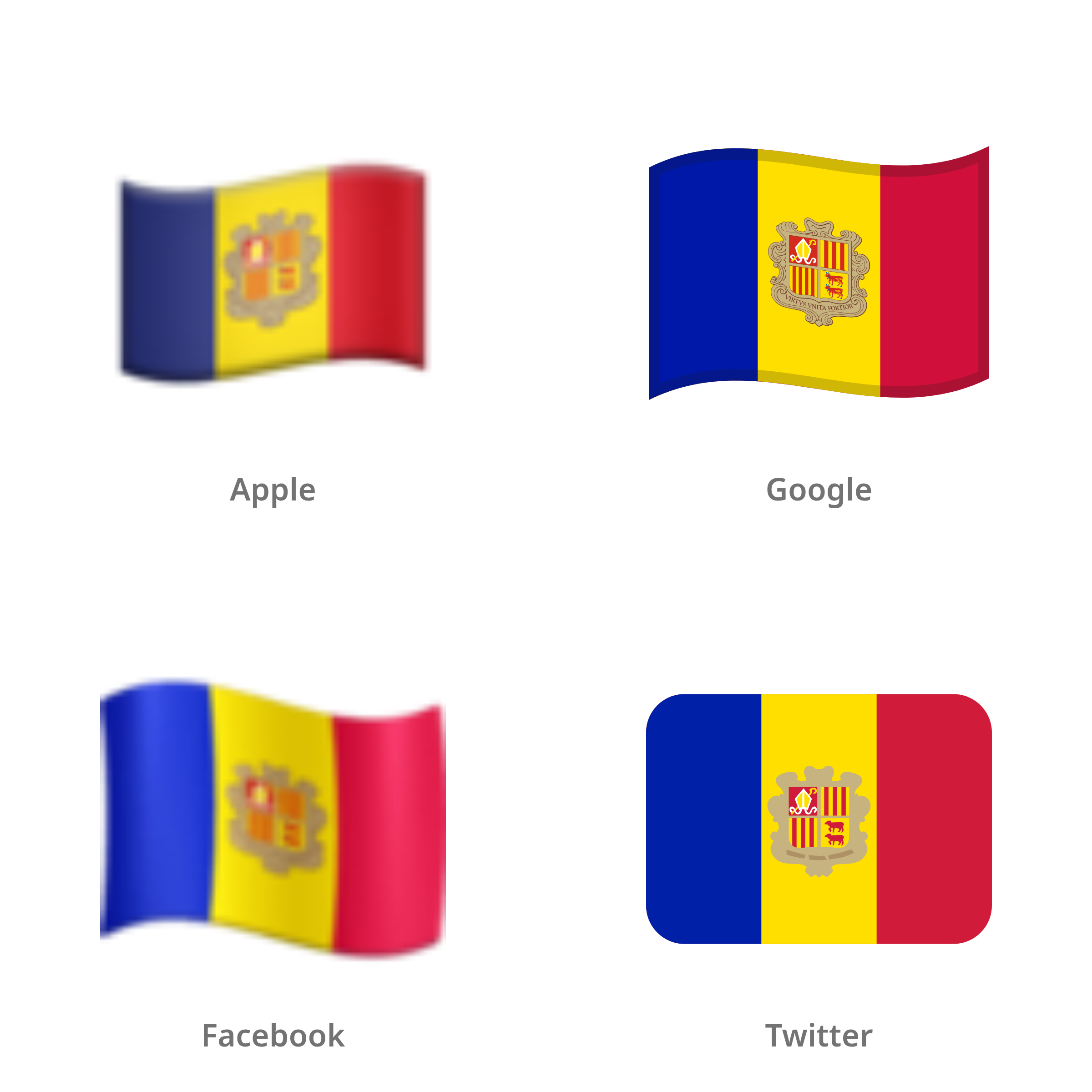 De emoji vlag: Andorra in Apple-, Google-, Facebook- en Twitter-stijl