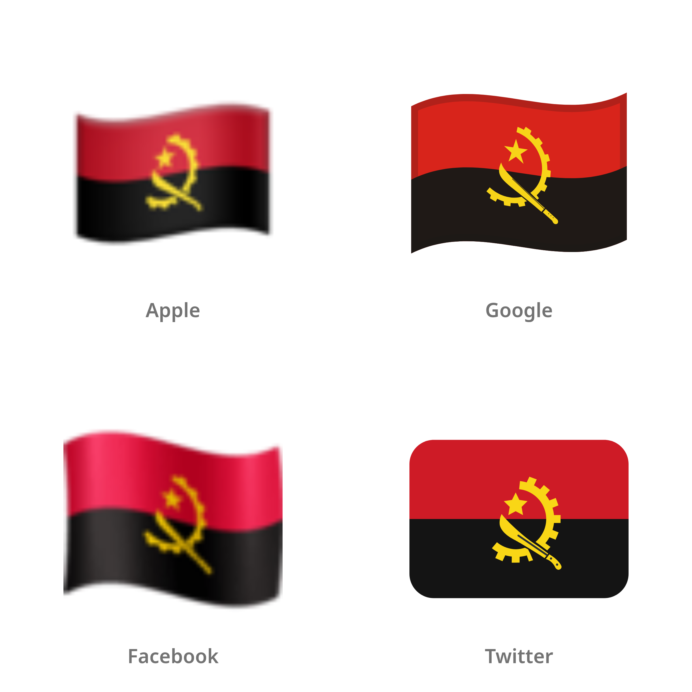 De emoji vlag: Angola in Apple-, Google-, Facebook- en Twitter-stijl