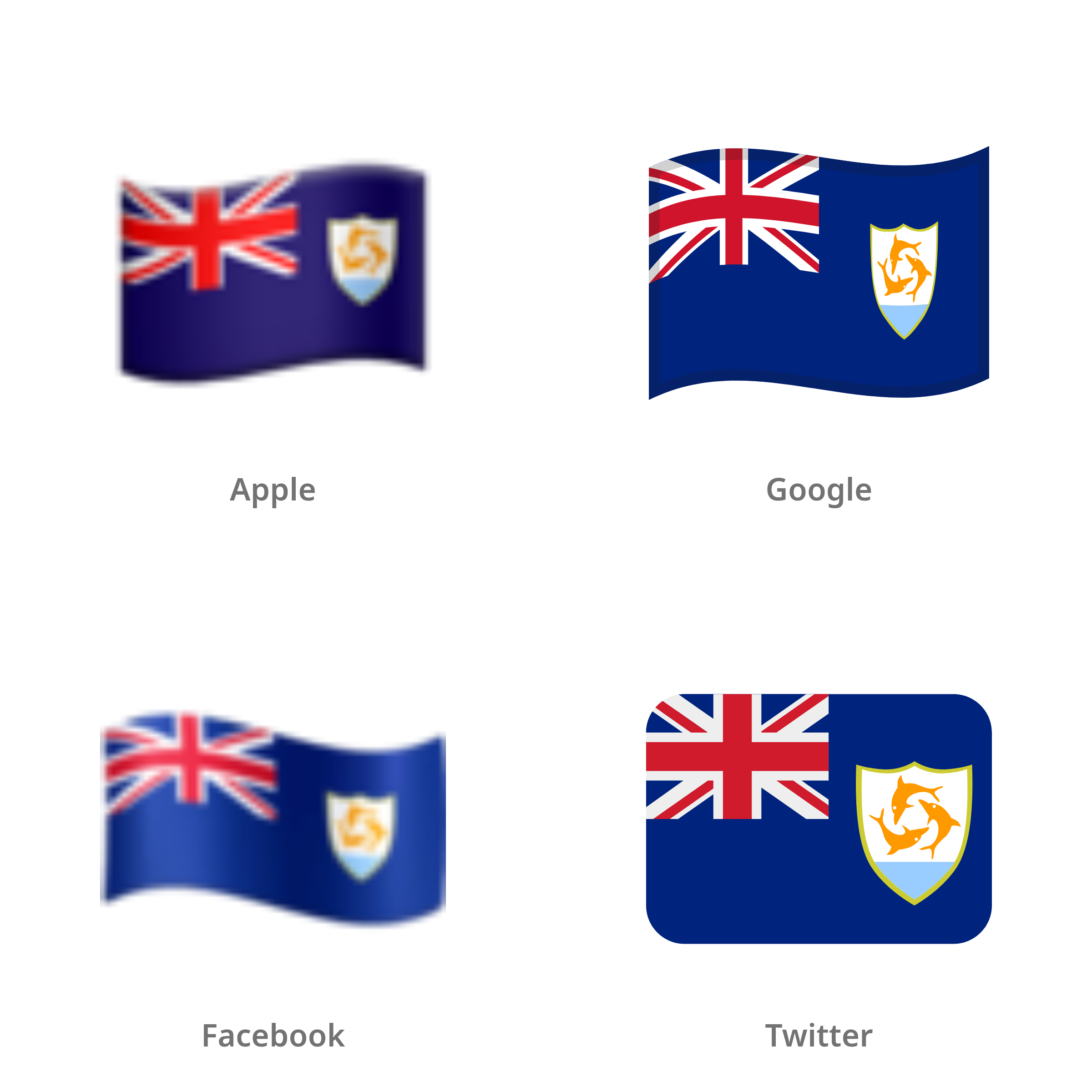 De emoji vlag: Anguilla in Apple-, Google-, Facebook- en Twitter-stijl