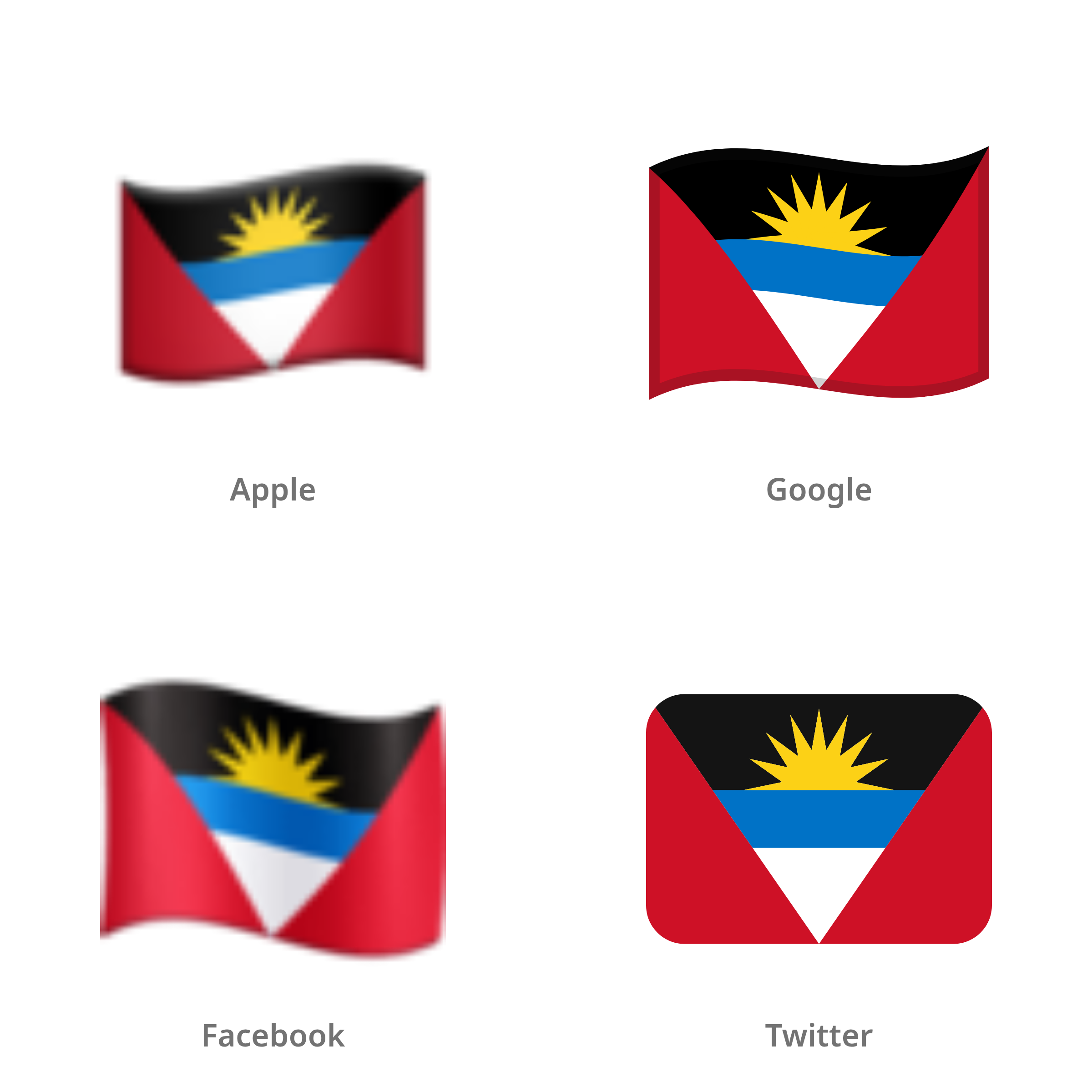 De emoji vlag: Antigua en Barbuda in Apple-, Google-, Facebook- en Twitter-stijl