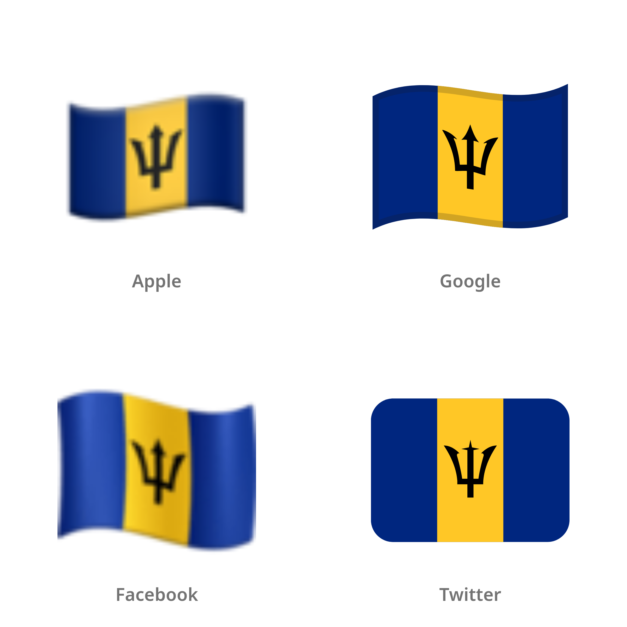 De emoji vlag: Barbados in Apple-, Google-, Facebook- en Twitter-stijl