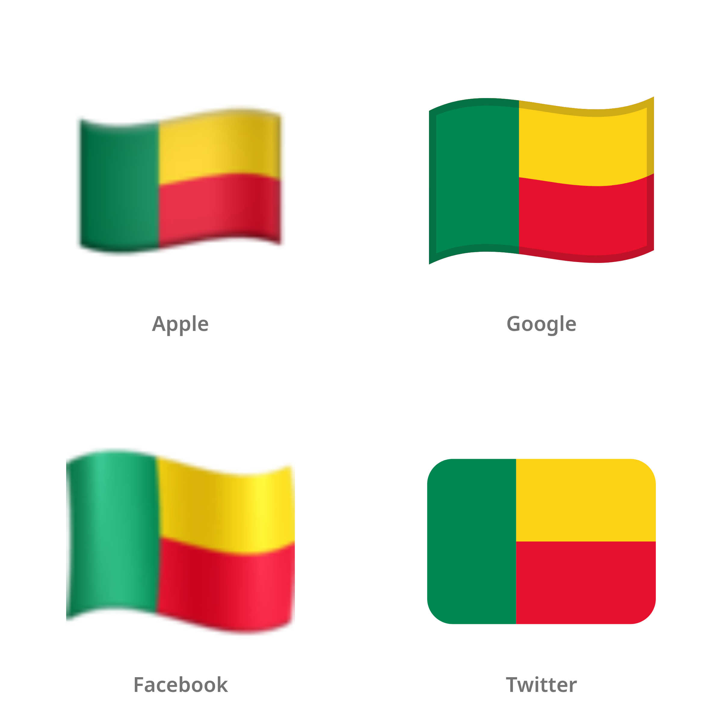 De emoji vlag: Benin in Apple-, Google-, Facebook- en Twitter-stijl