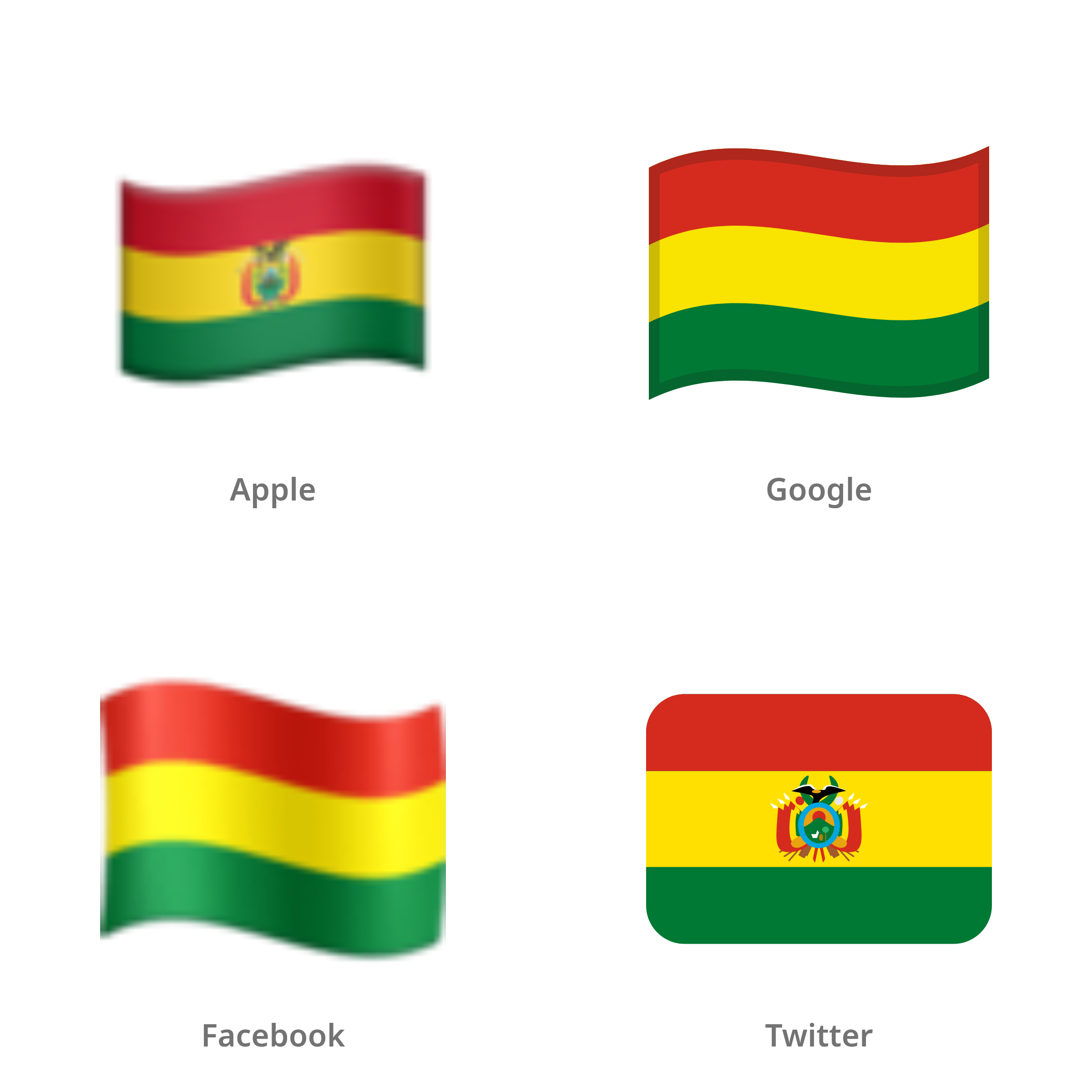 De emoji vlag: Bolivia in Apple-, Google-, Facebook- en Twitter-stijl