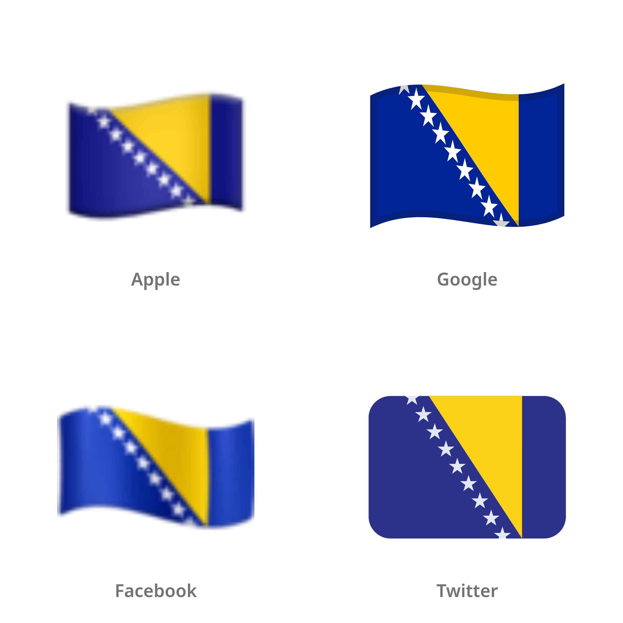 De emoji vlag: Bosnië en Herzegovina in Apple-, Google-, Facebook- en Twitter-stijl