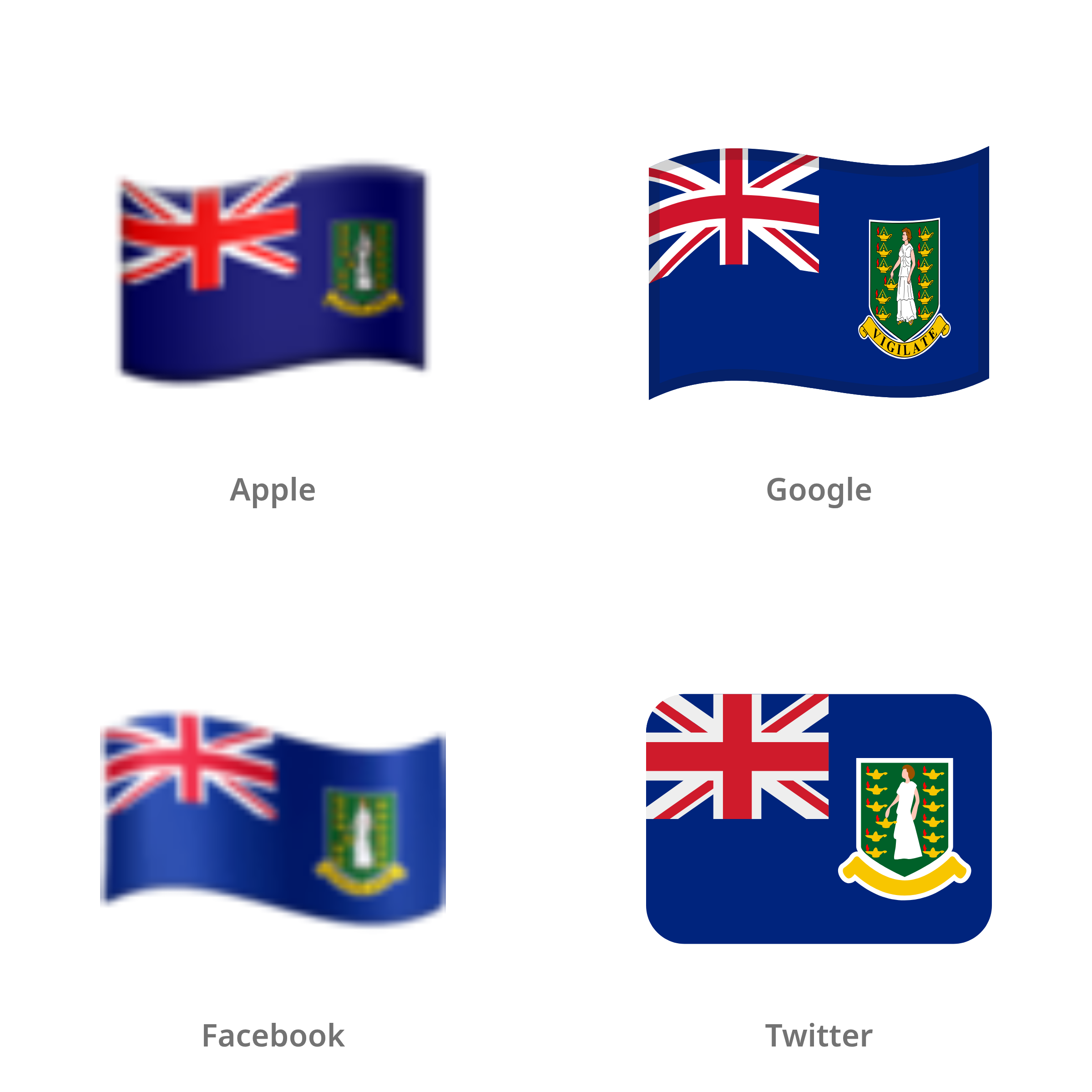 De emoji vlag: Britse Maagdeneilanden in Apple-, Google-, Facebook- en Twitter-stijl
