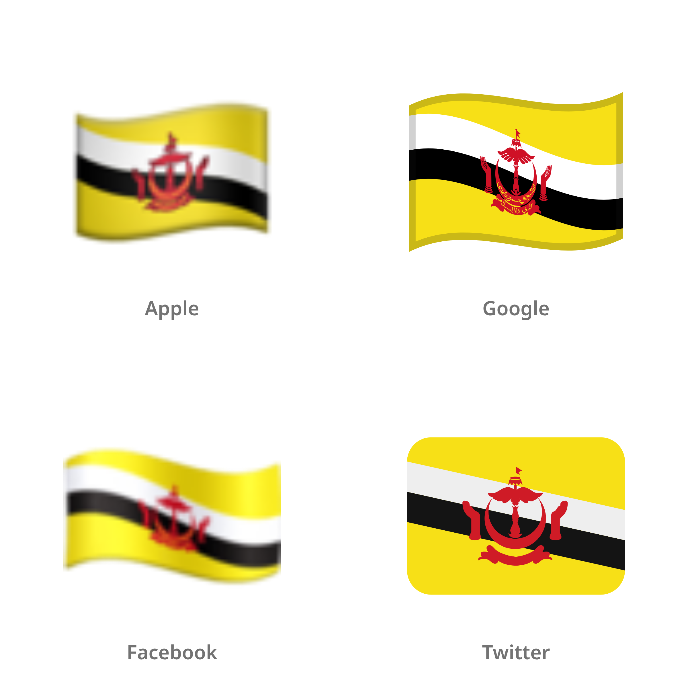 De emoji vlag: Brunei in Apple-, Google-, Facebook- en Twitter-stijl
