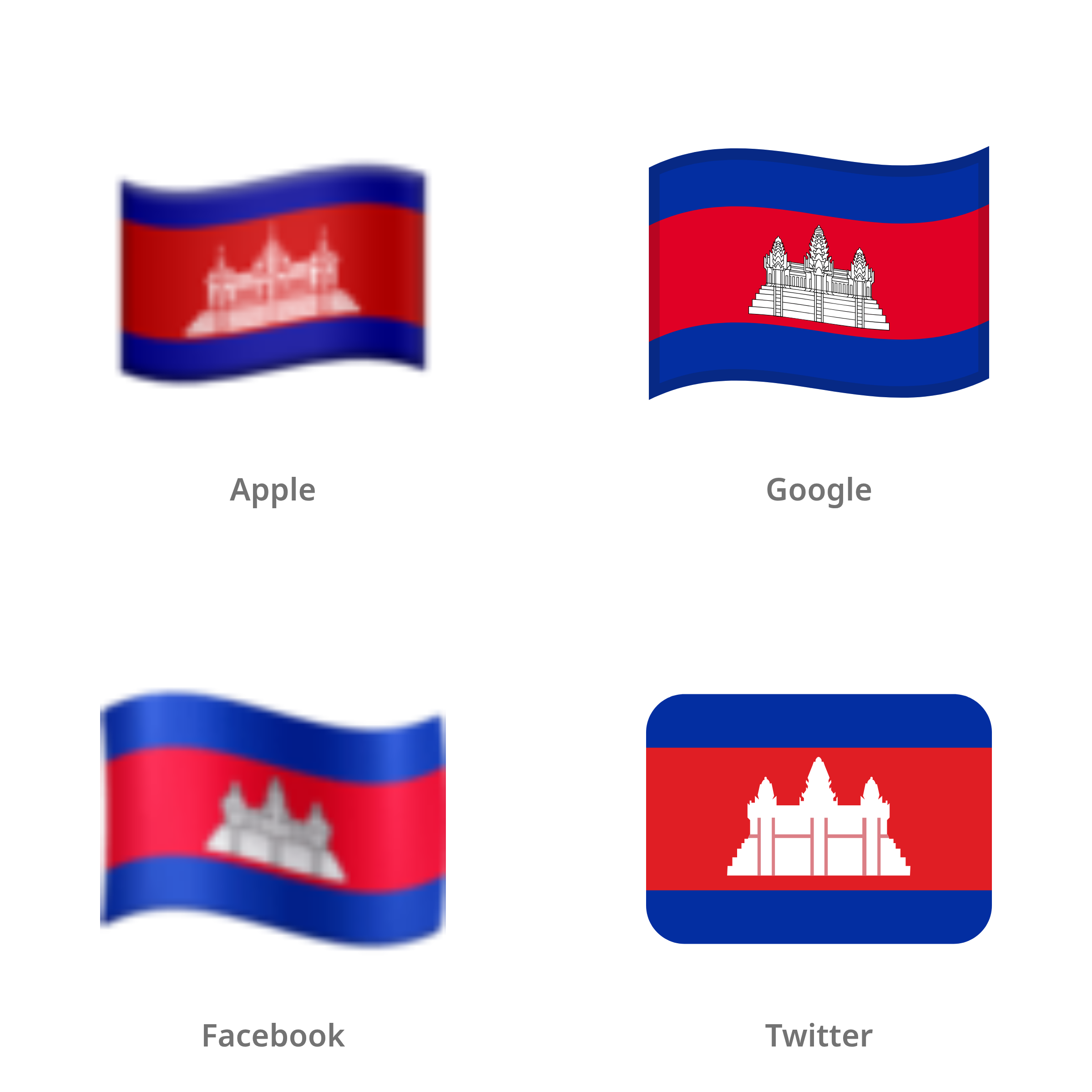De emoji vlag: Cambodja in Apple-, Google-, Facebook- en Twitter-stijl