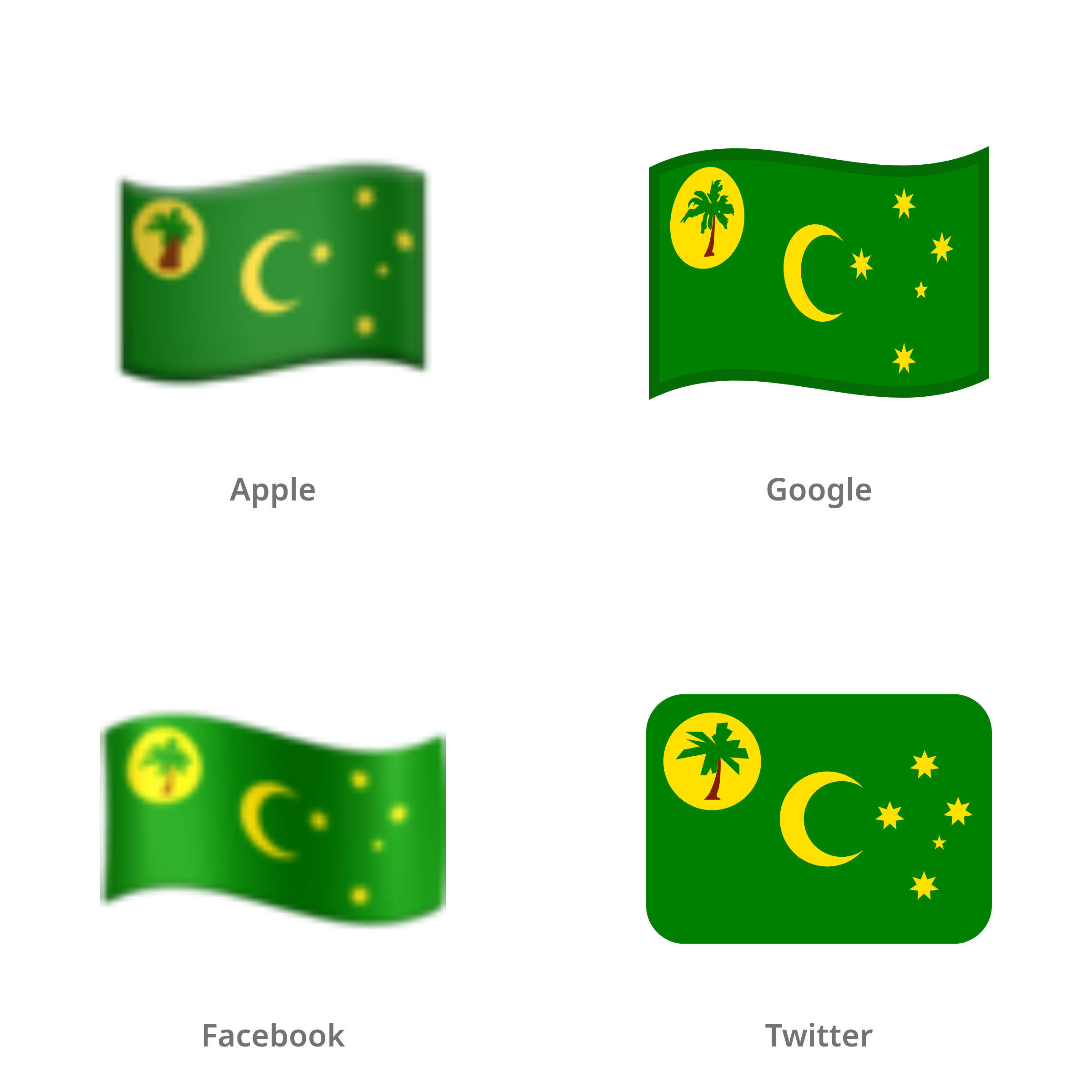 De emoji vlag: Cocoseilanden in Apple-, Google-, Facebook- en Twitter-stijl