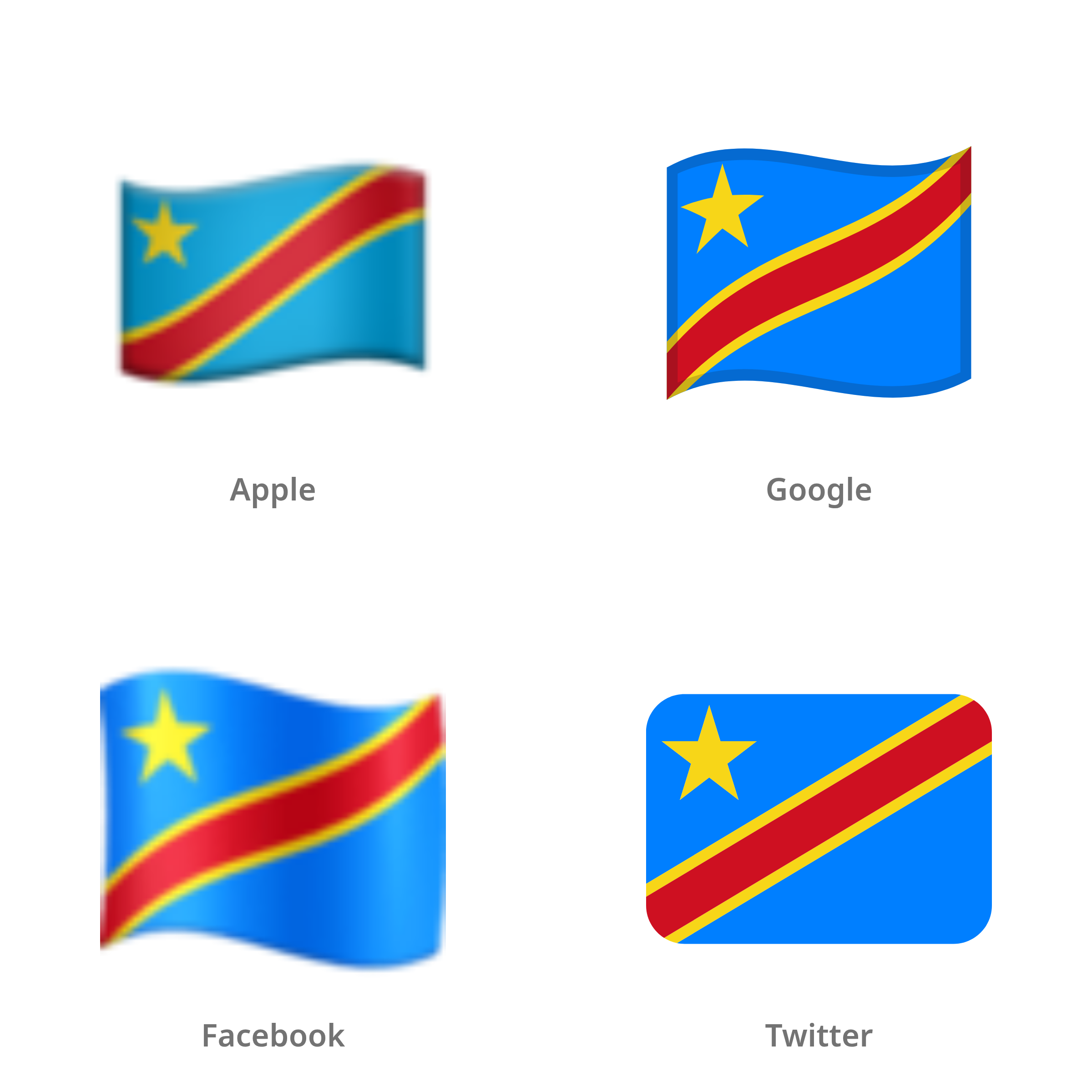 De emoji vlag: Congo-Kinshasa in Apple-, Google-, Facebook- en Twitter-stijl