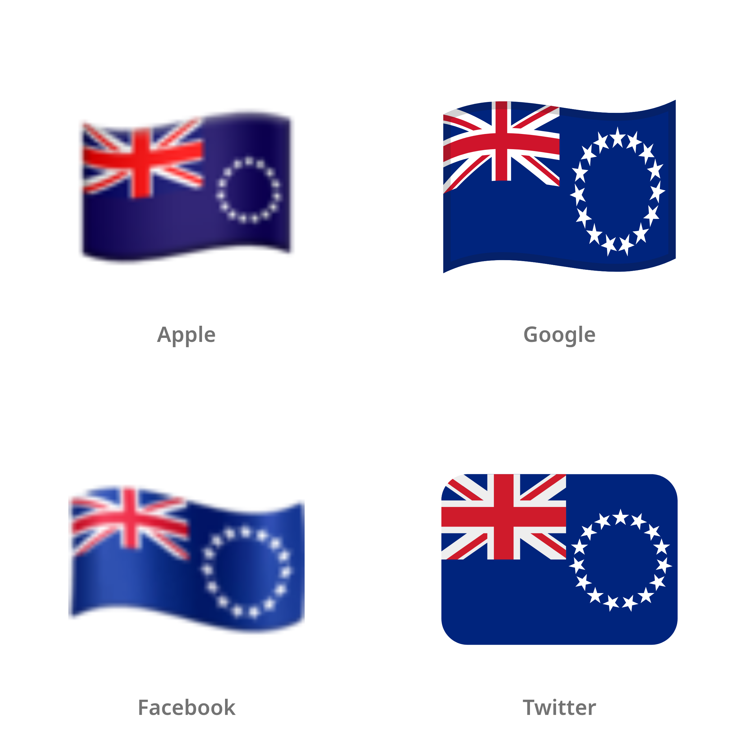 De emoji vlag: Cookeilanden in Apple-, Google-, Facebook- en Twitter-stijl