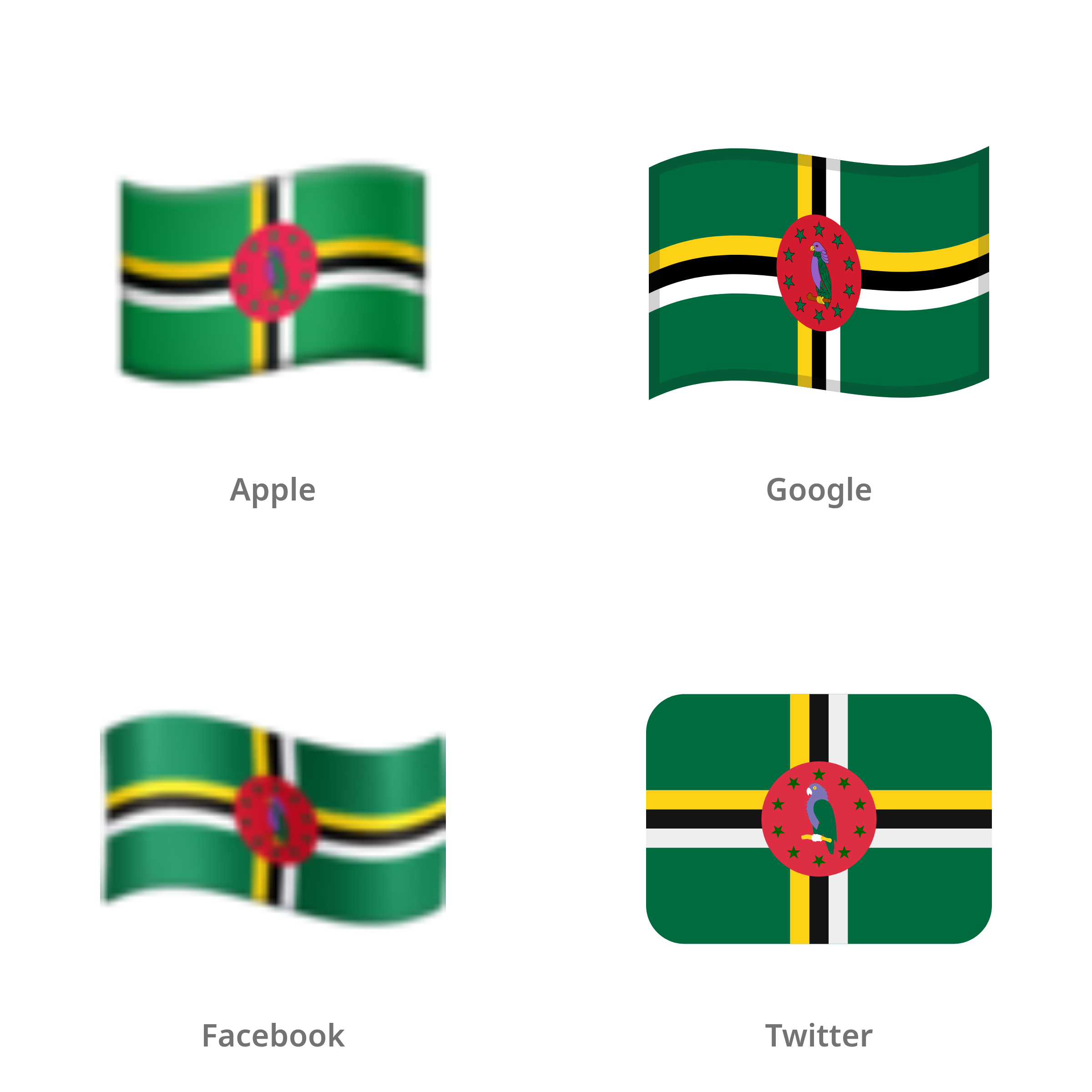 De emoji vlag: Dominica in Apple-, Google-, Facebook- en Twitter-stijl