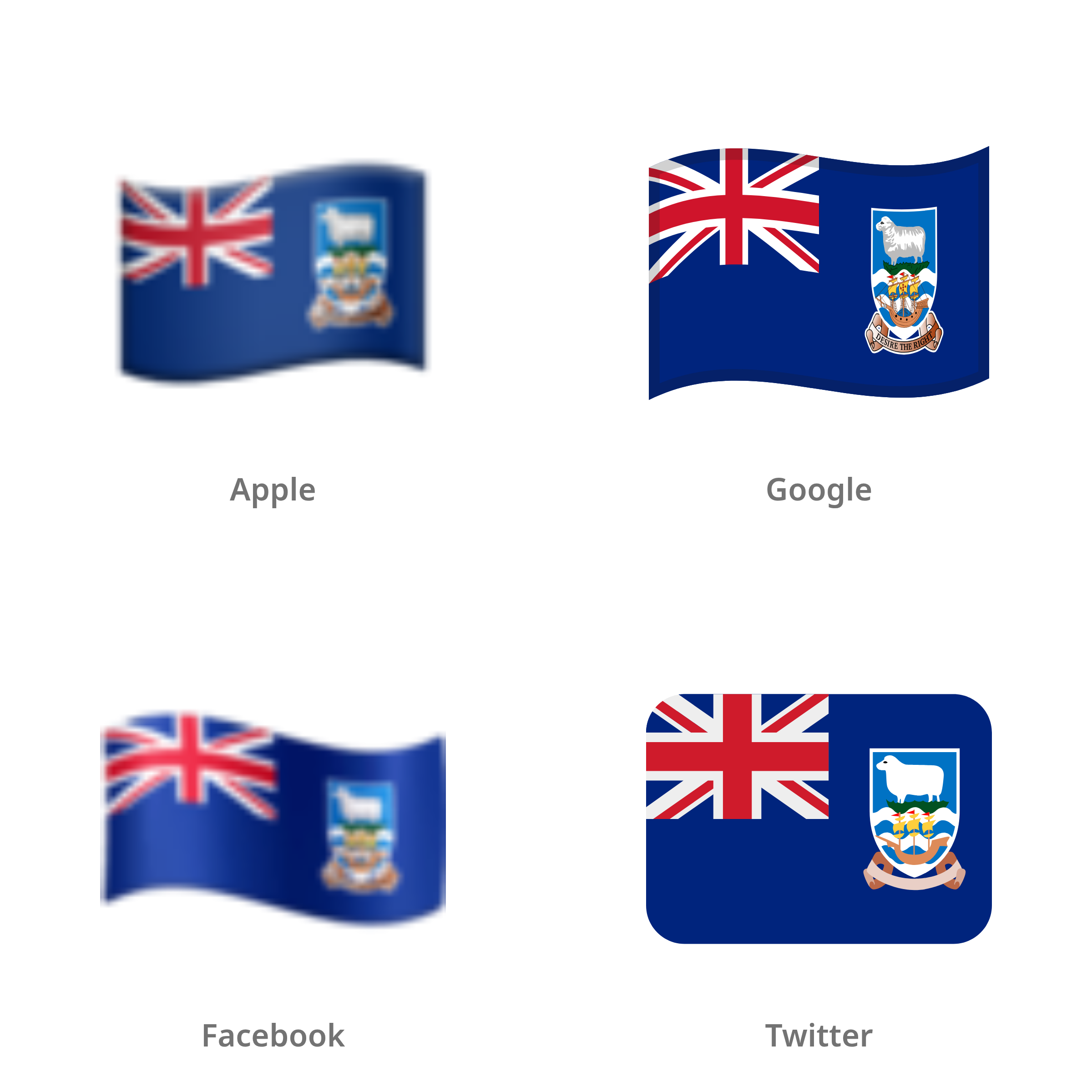 De emoji vlag: Falklandeilanden in Apple-, Google-, Facebook- en Twitter-stijl
