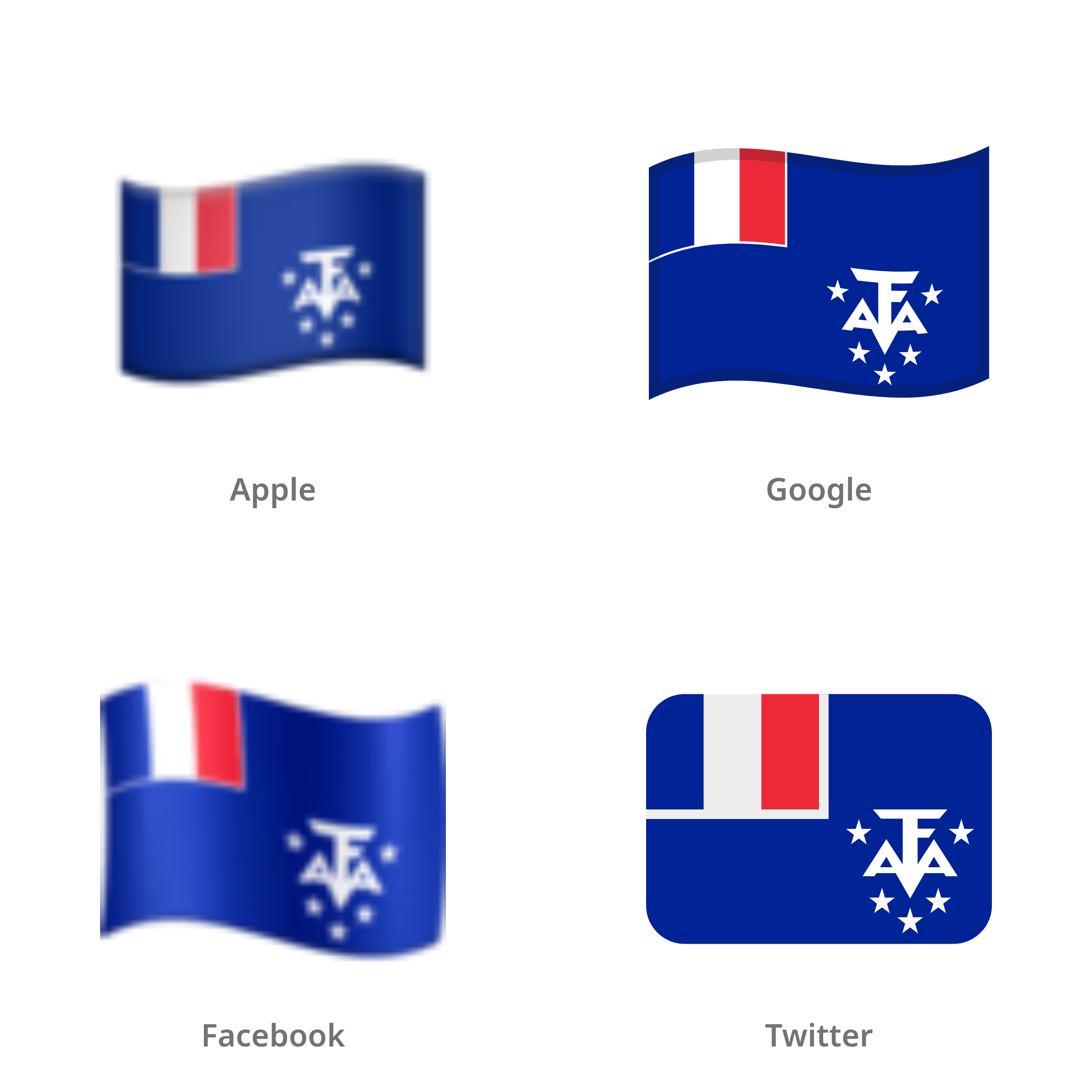 De emoji vlag: Franse Gebieden in de zuidelijke Indische Oceaan in Apple-, Google-, Facebook- en Twitter-stijl