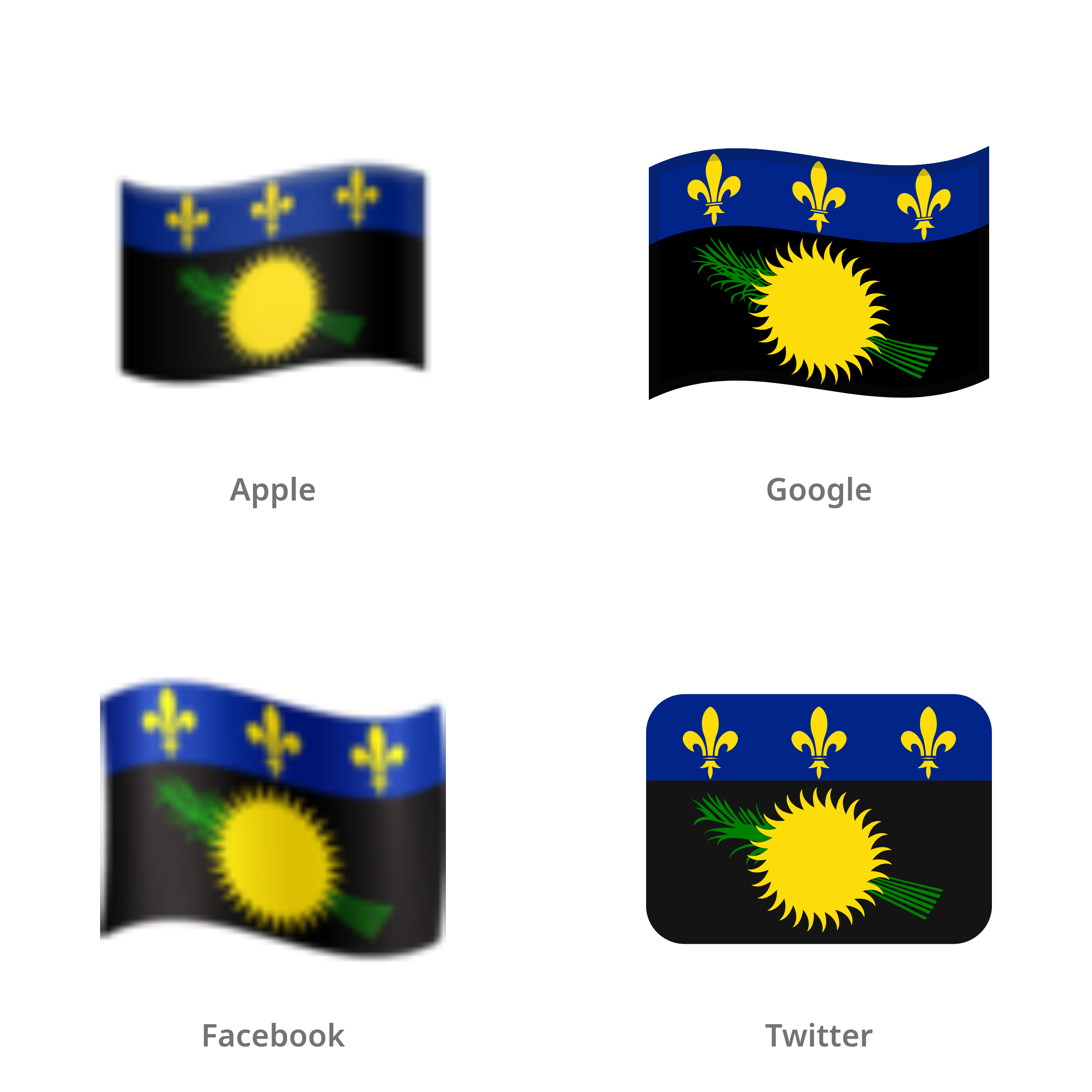 De emoji vlag: Guadeloupe in Apple-, Google-, Facebook- en Twitter-stijl