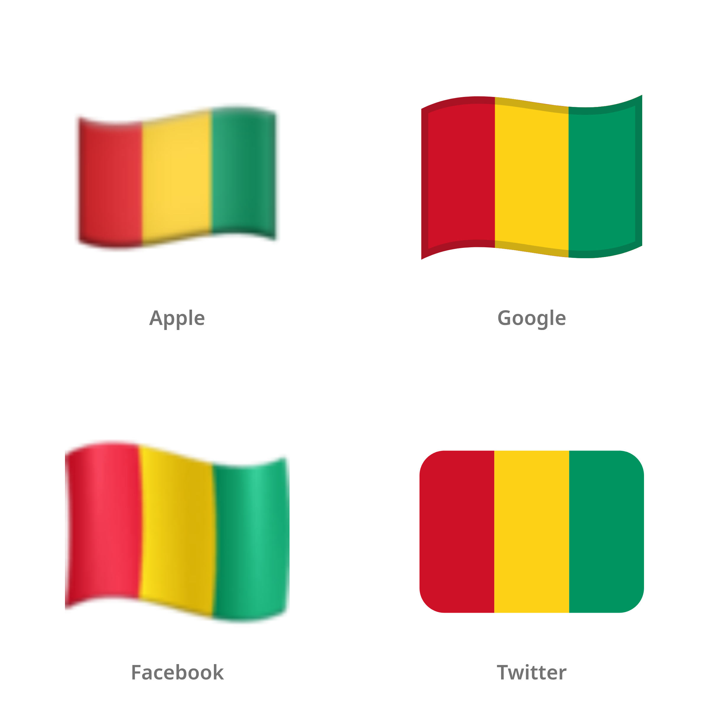 De emoji vlag: Guinee in Apple-, Google-, Facebook- en Twitter-stijl