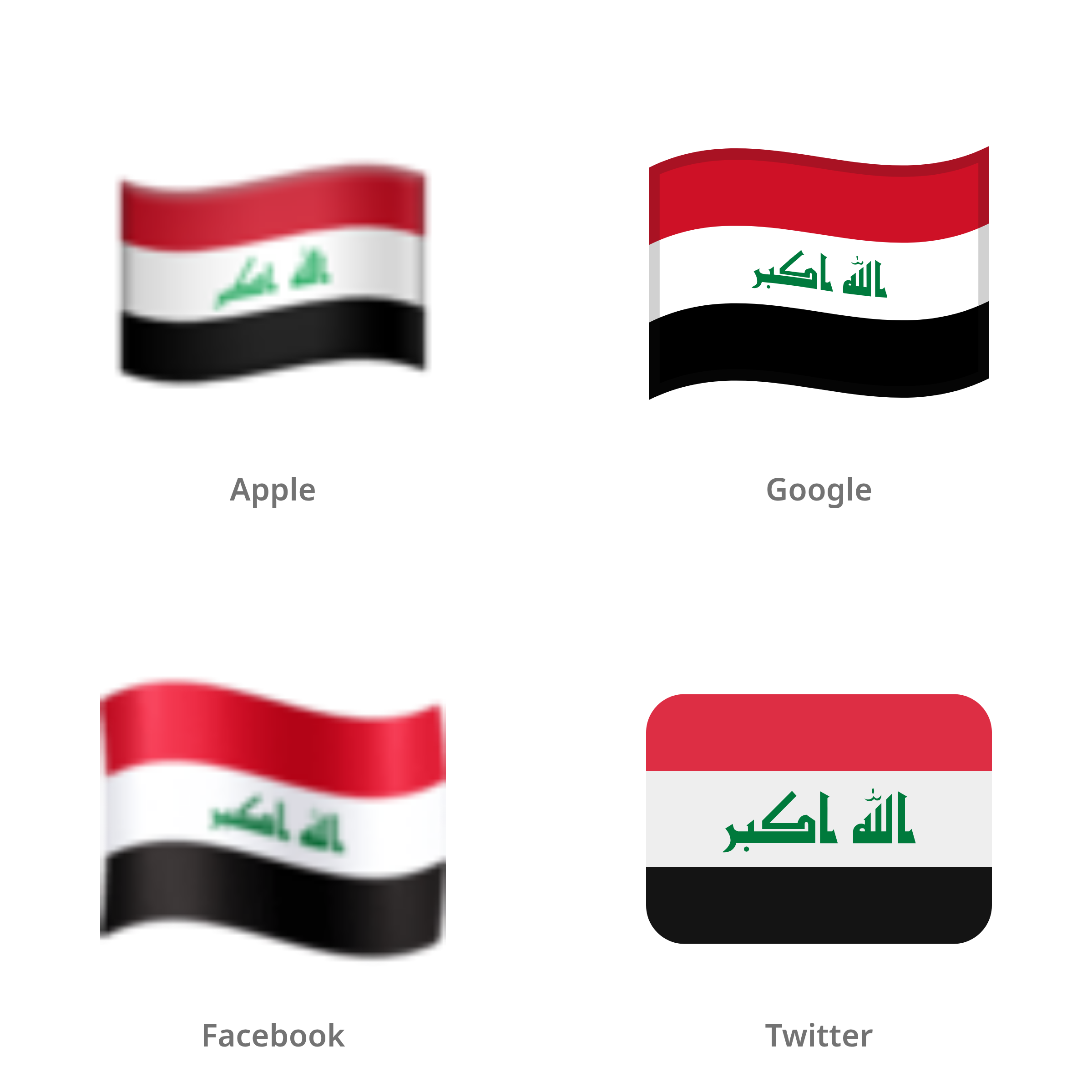 De emoji vlag: Irak in Apple-, Google-, Facebook- en Twitter-stijl