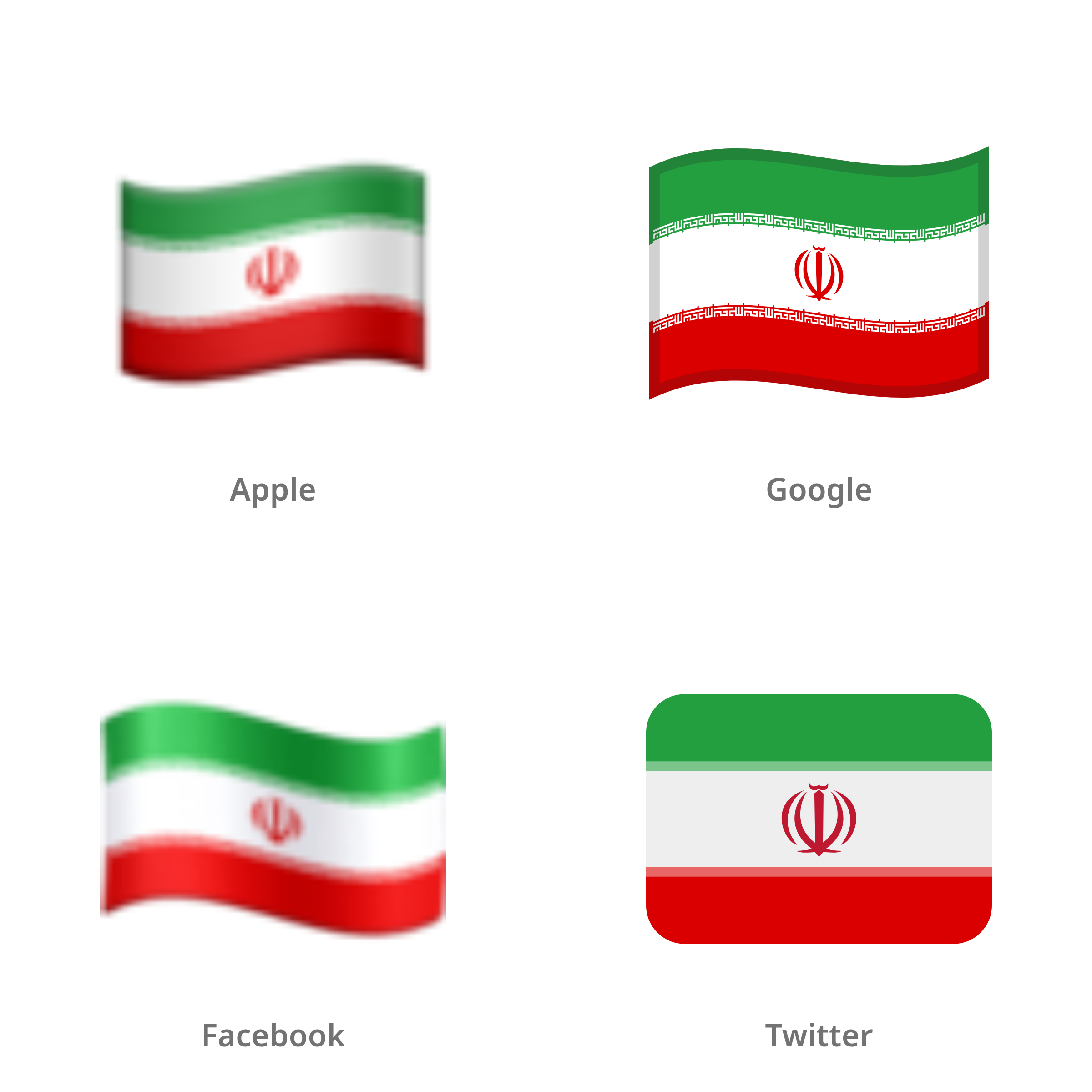 De emoji vlag: Iran in Apple-, Google-, Facebook- en Twitter-stijl