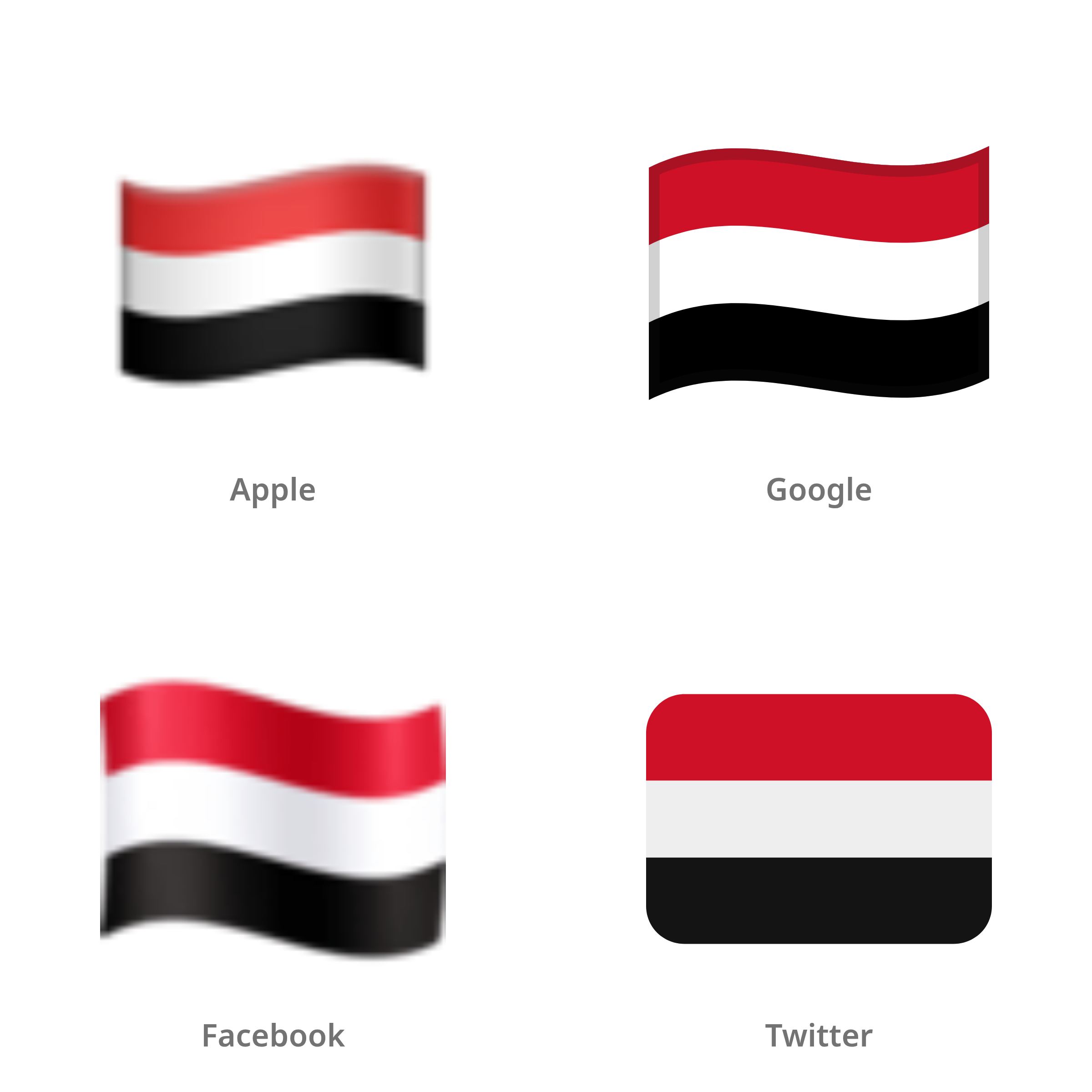 De emoji vlag: Jemen in Apple-, Google-, Facebook- en Twitter-stijl