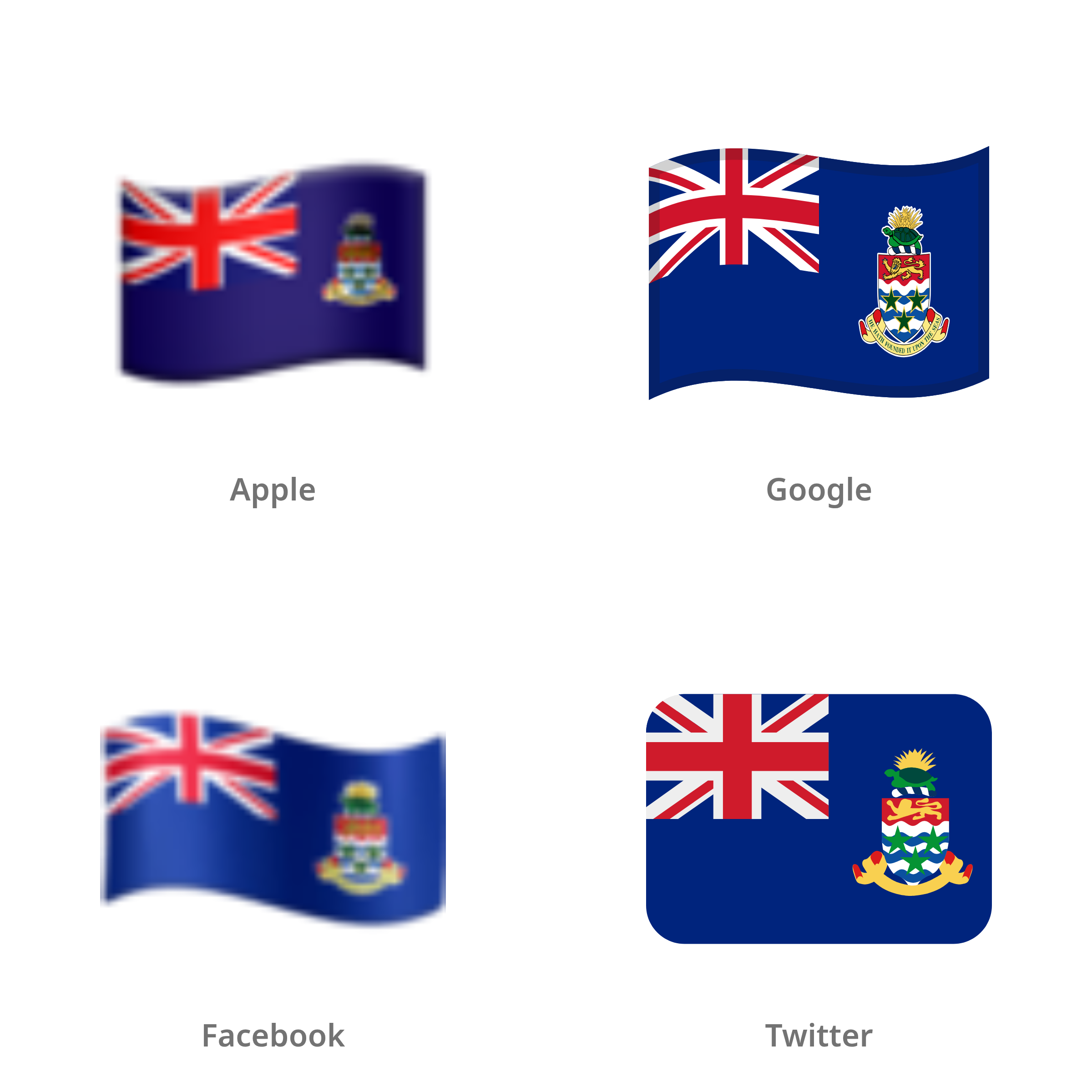 De emoji vlag: Kaaimaneilanden in Apple-, Google-, Facebook- en Twitter-stijl