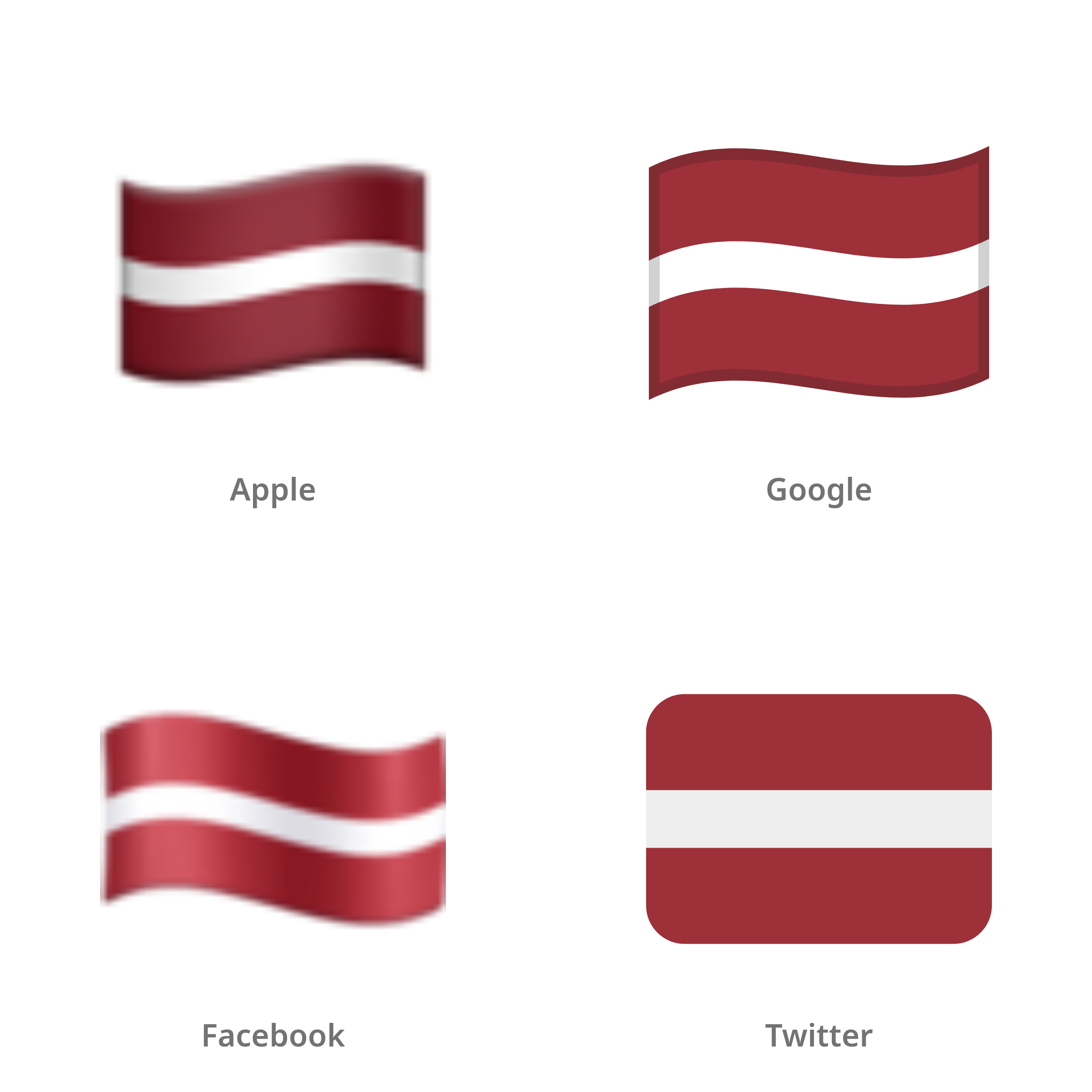 De emoji vlag: Letland in Apple-, Google-, Facebook- en Twitter-stijl