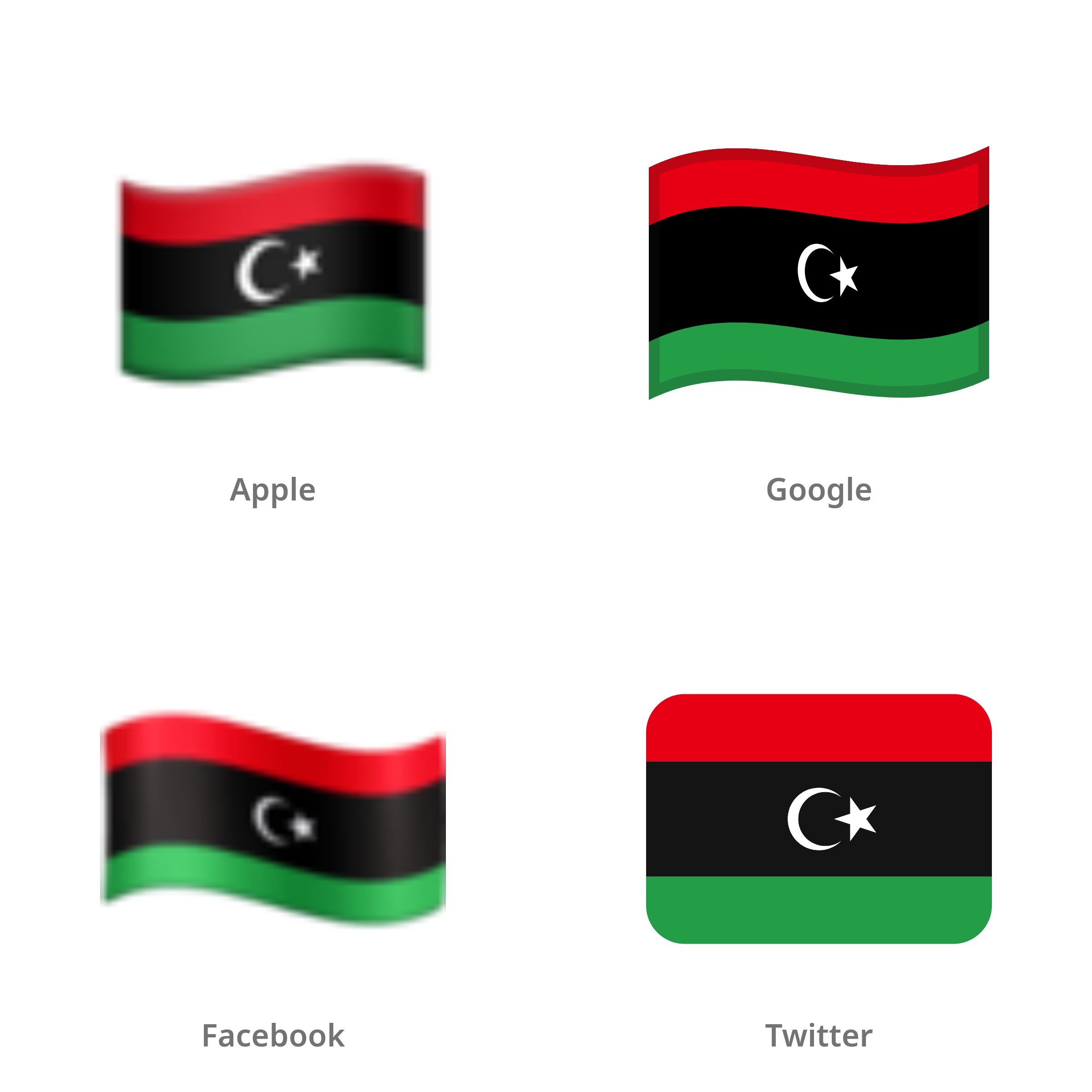 De emoji vlag: Libië in Apple-, Google-, Facebook- en Twitter-stijl