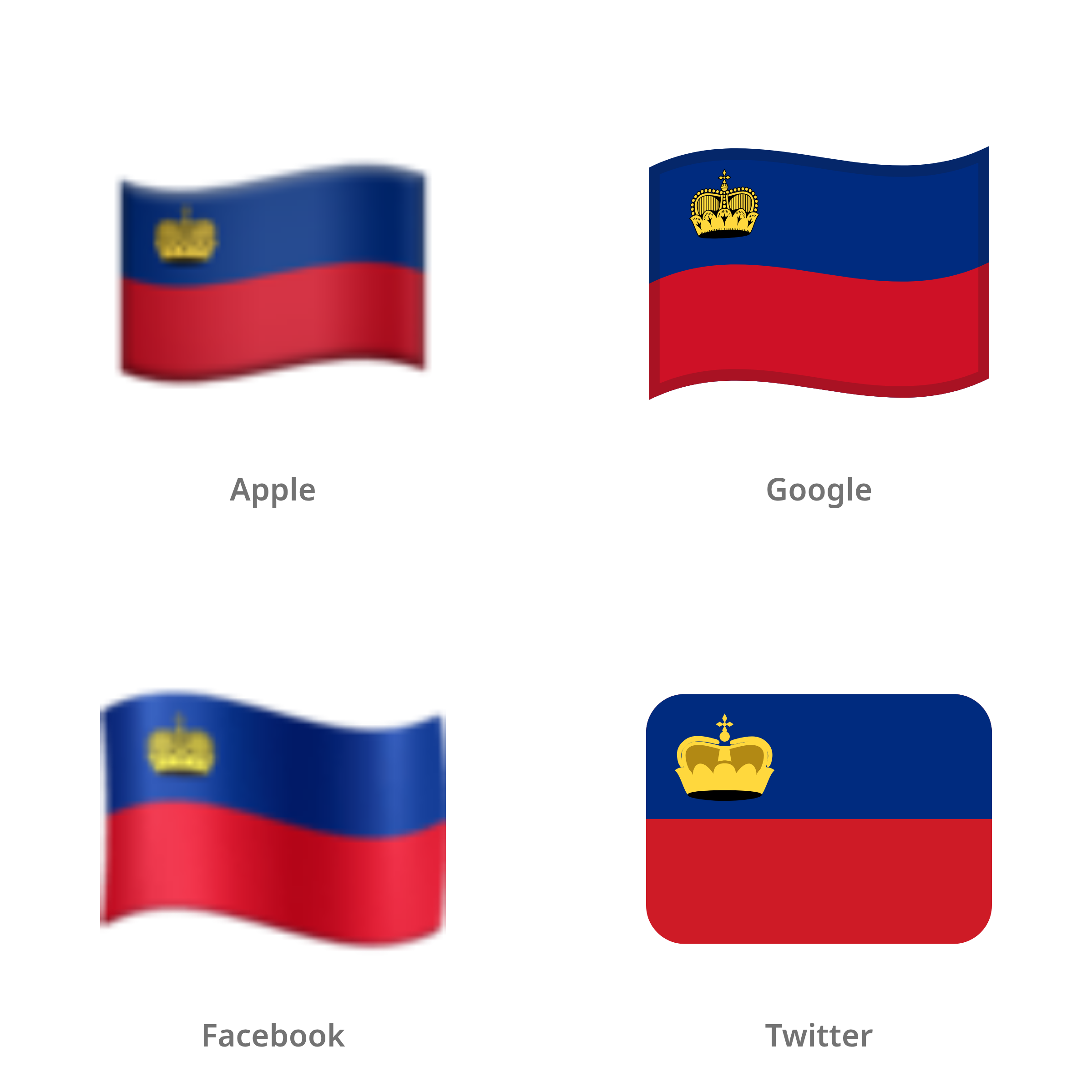 De emoji vlag: Liechtenstein in Apple-, Google-, Facebook- en Twitter-stijl