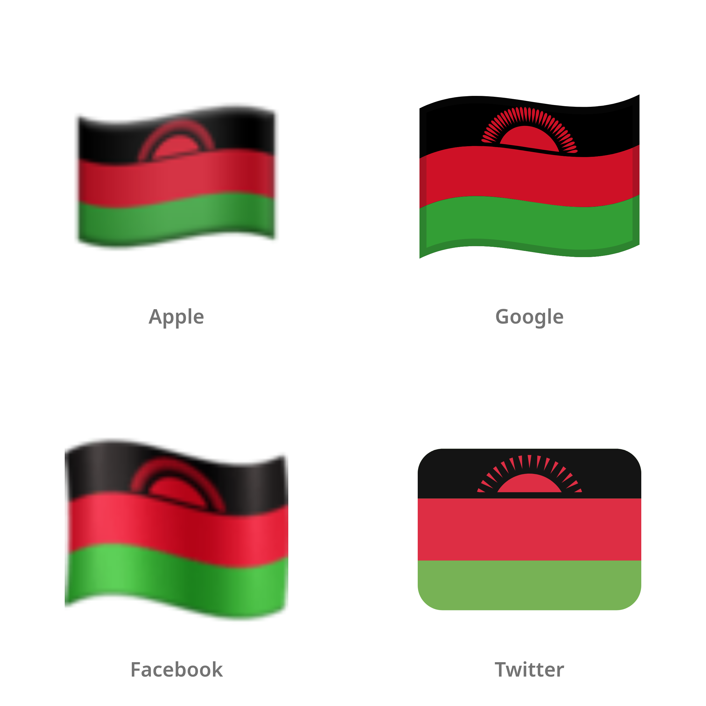 De emoji vlag: Malawi in Apple-, Google-, Facebook- en Twitter-stijl