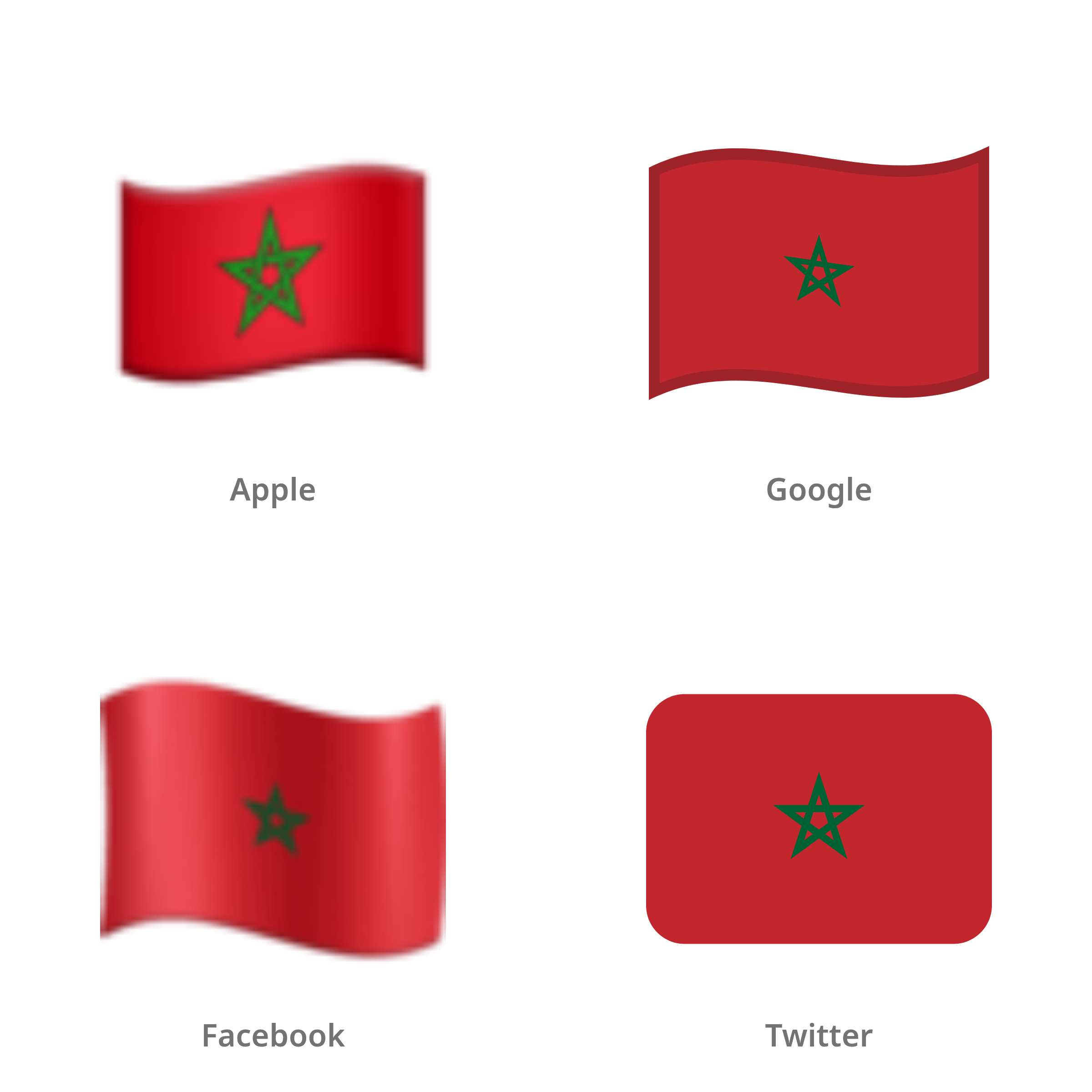 De emoji vlag: Marokko in Apple-, Google-, Facebook- en Twitter-stijl
