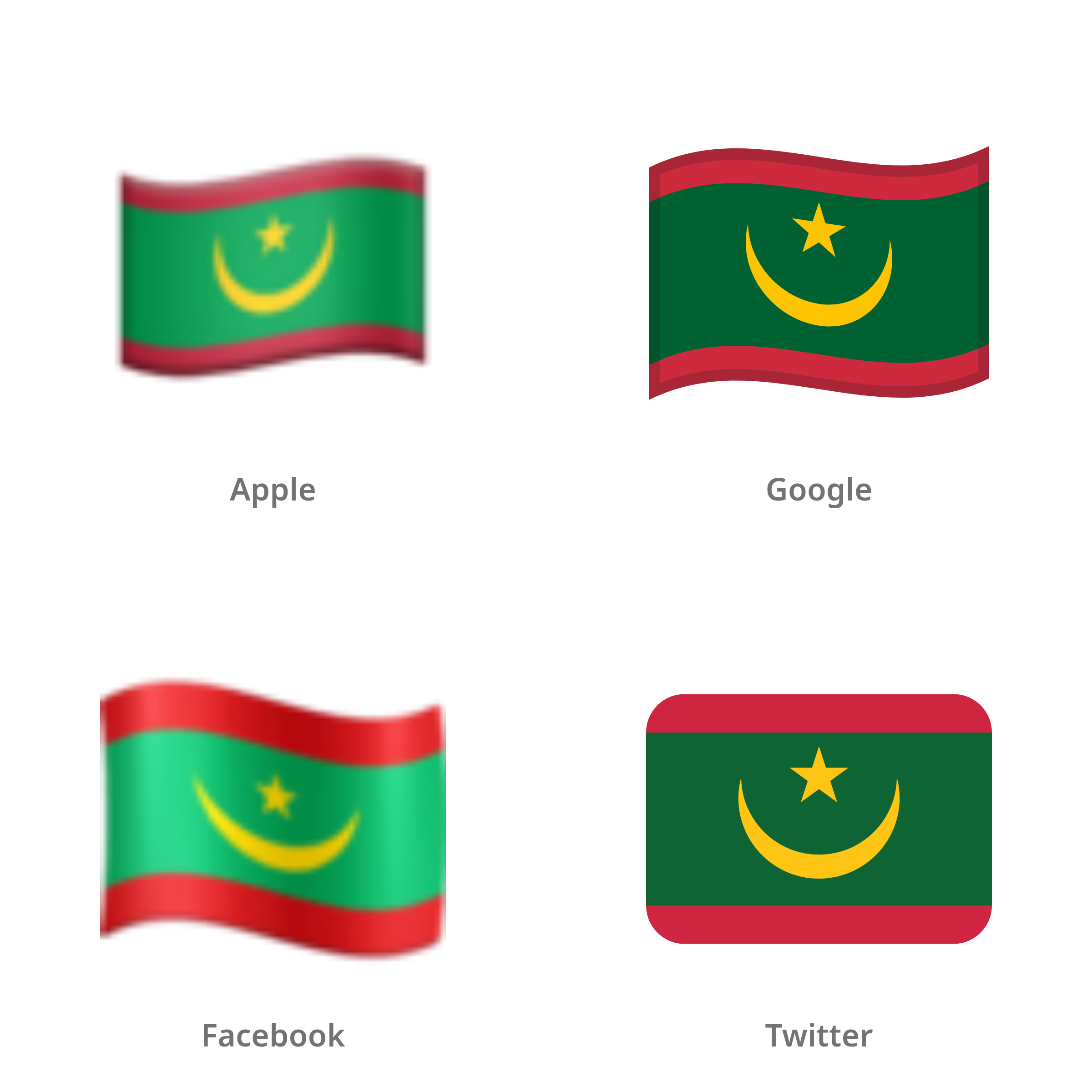 De emoji vlag: Mauritanië in Apple-, Google-, Facebook- en Twitter-stijl