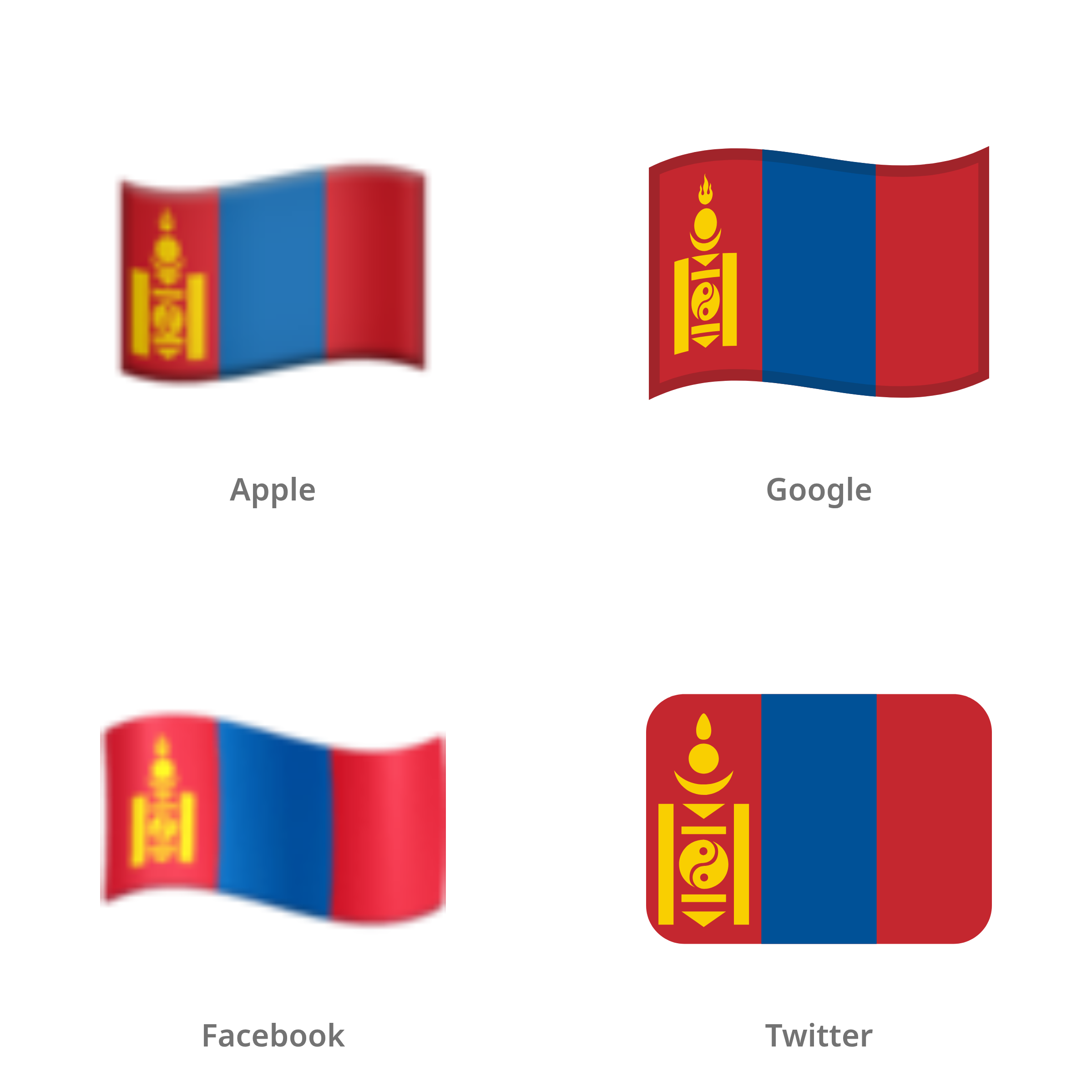 De emoji vlag: Mongolië in Apple-, Google-, Facebook- en Twitter-stijl